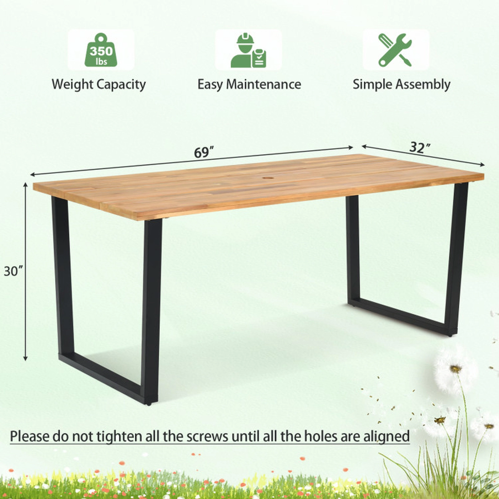 SUGIFT 6-Person Acacia Wood Metal Frame 2-in Umbrella Hole Outdoor Dining Table 69-in x 32-in 350-lb Capacity Natural