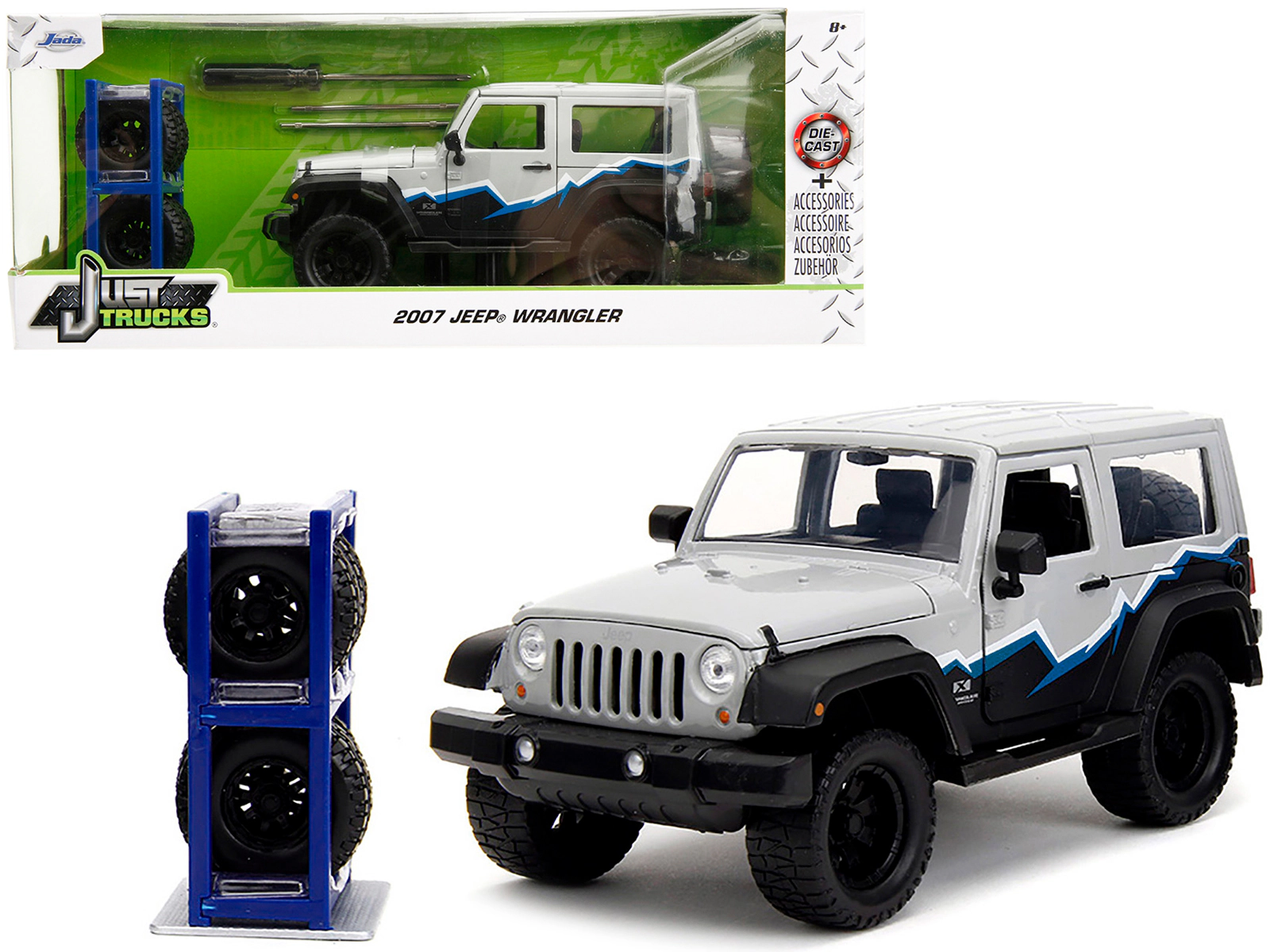 Jada 2007 Jeep Wrangler Gray And Black With Blue And White Stripes With Extra Wheels "Just Trucks" Series 1/24