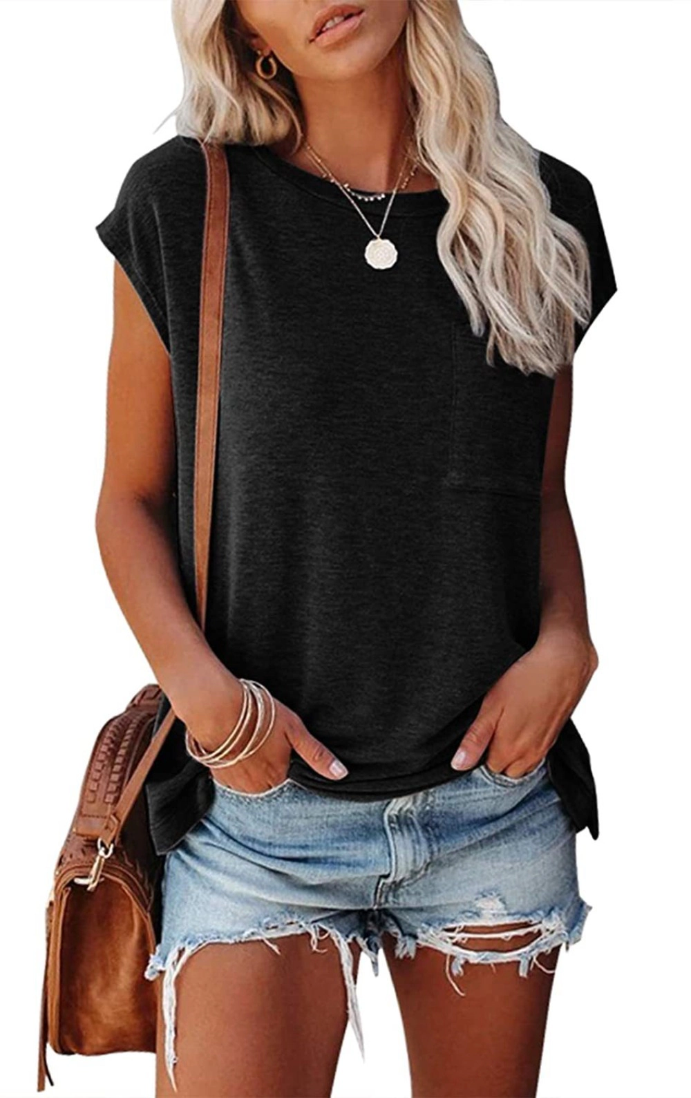 Enchanted Funland Womens Crew Neck Cap Sleeve Front Pocket Loose Casual Basic tops