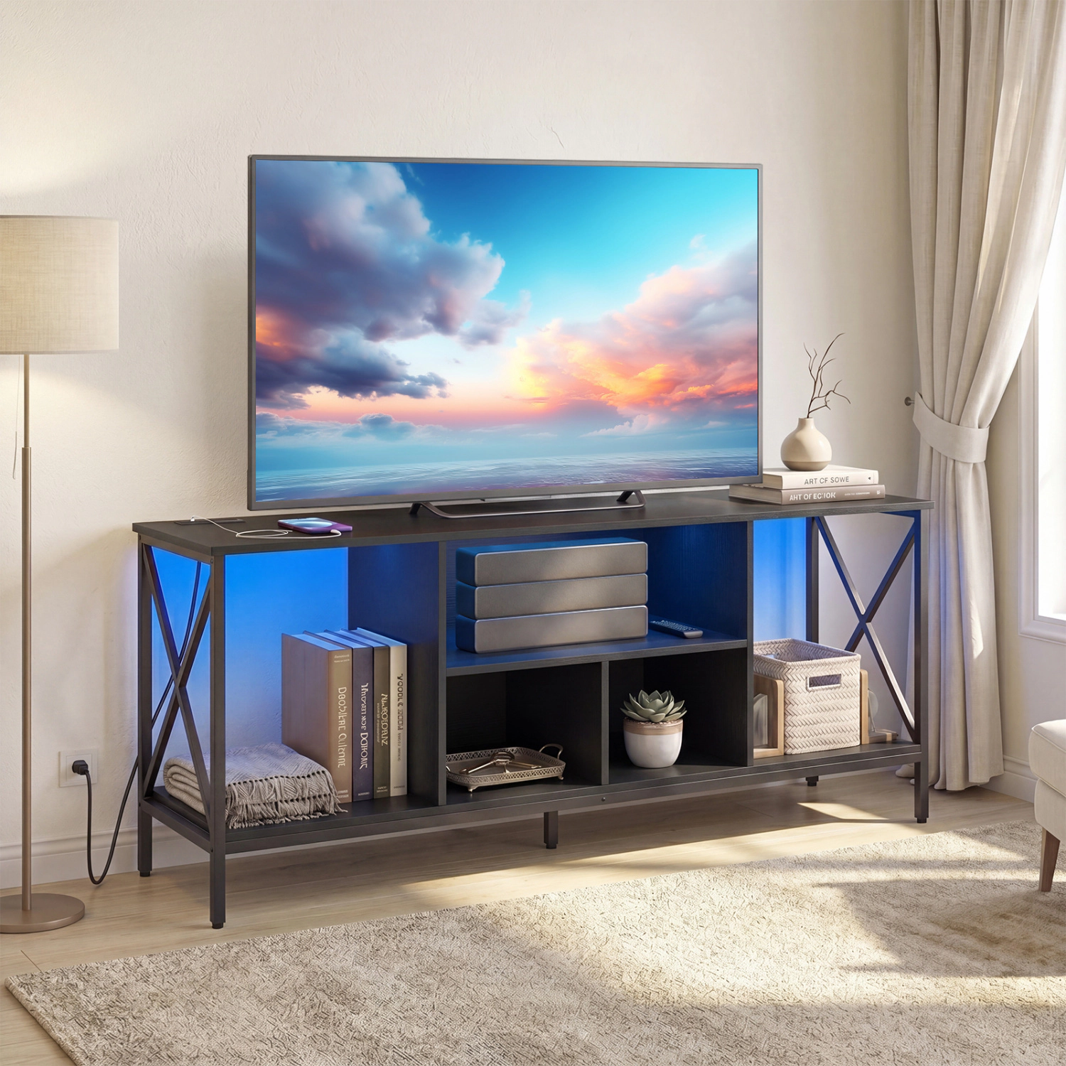 Glintex 59-Inch LED TV Stand with X-Frame and Built-In Charging Station