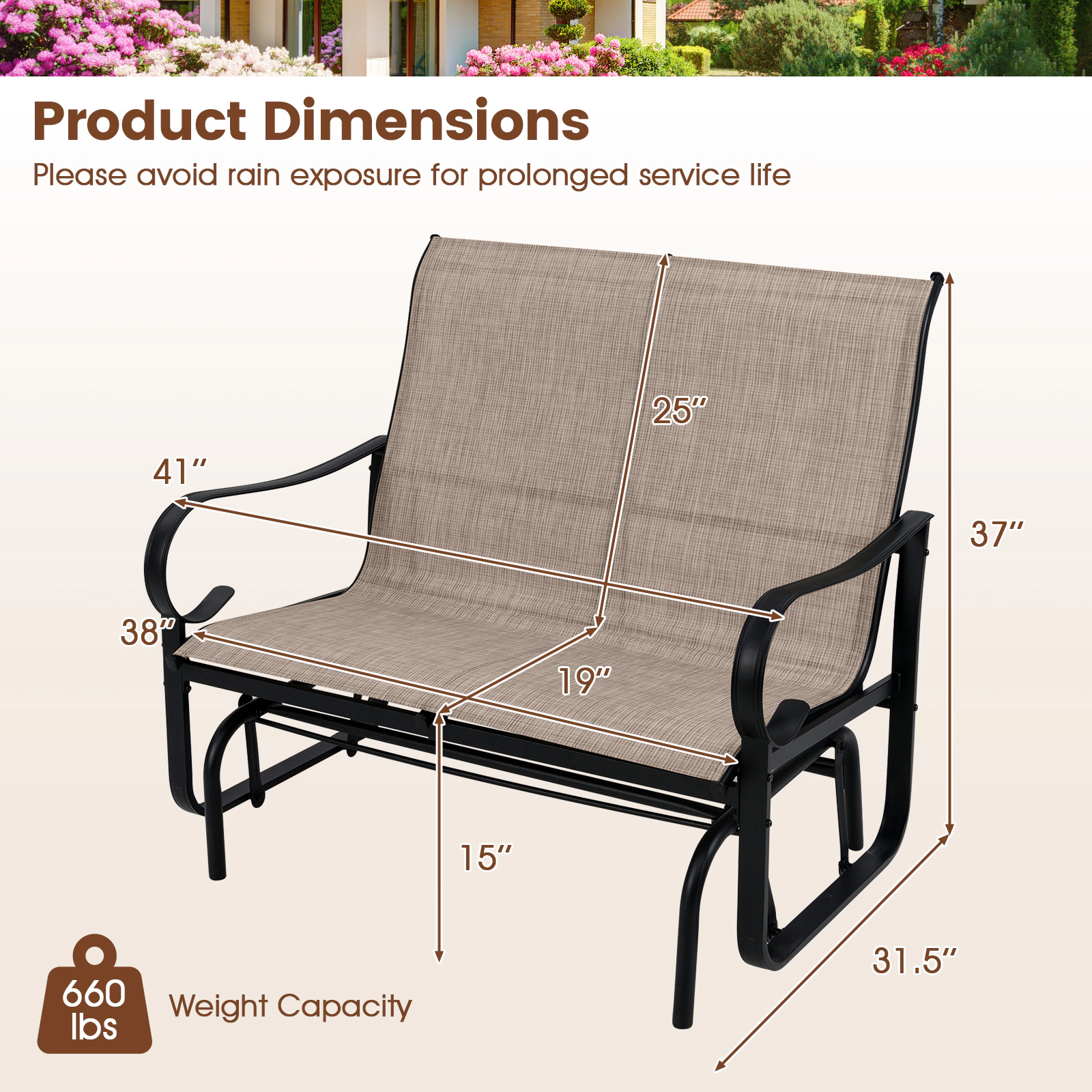 SUGIFT 2-Person Outdoor Glider Bench with 25-in High Backrest 660-lb Capacity Mix Brown and Black