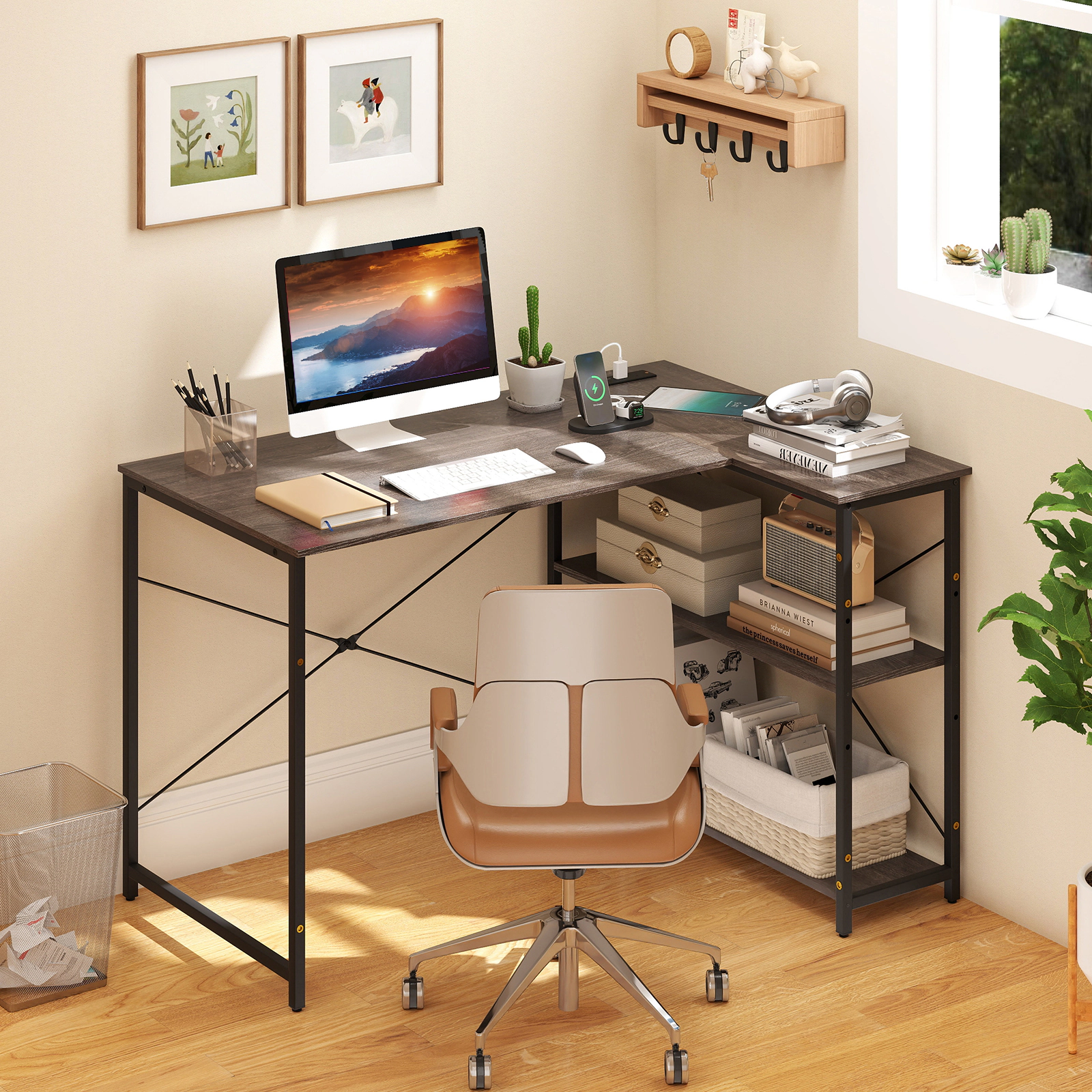 SUGIFT Reversible Adjustable Shelf Built-In Outlets L-Shaped Computer Desk 47-in x 34-in x 29-in 240-lb Capacity Gray