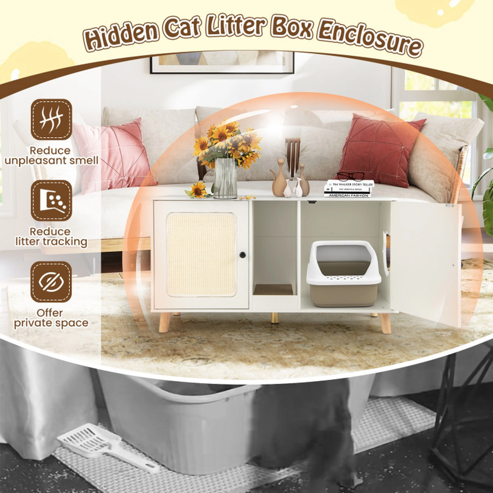 SUGIFT 43-in Double-Room Cat Litter Box Enclosure Side Table with 2 Sisal Scratching Mats Natural White