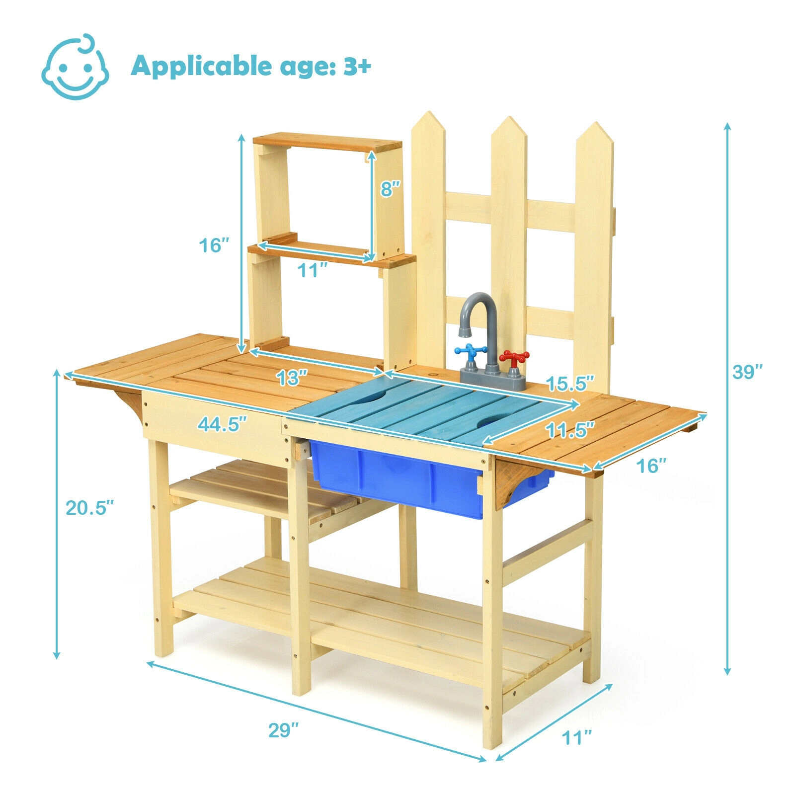 SUGIFT Outdoor Fir Wood Pretend Cook Kitchen Playset with Sink and Faucet 39.5-in Tall Ages 3+ As shown in the figure