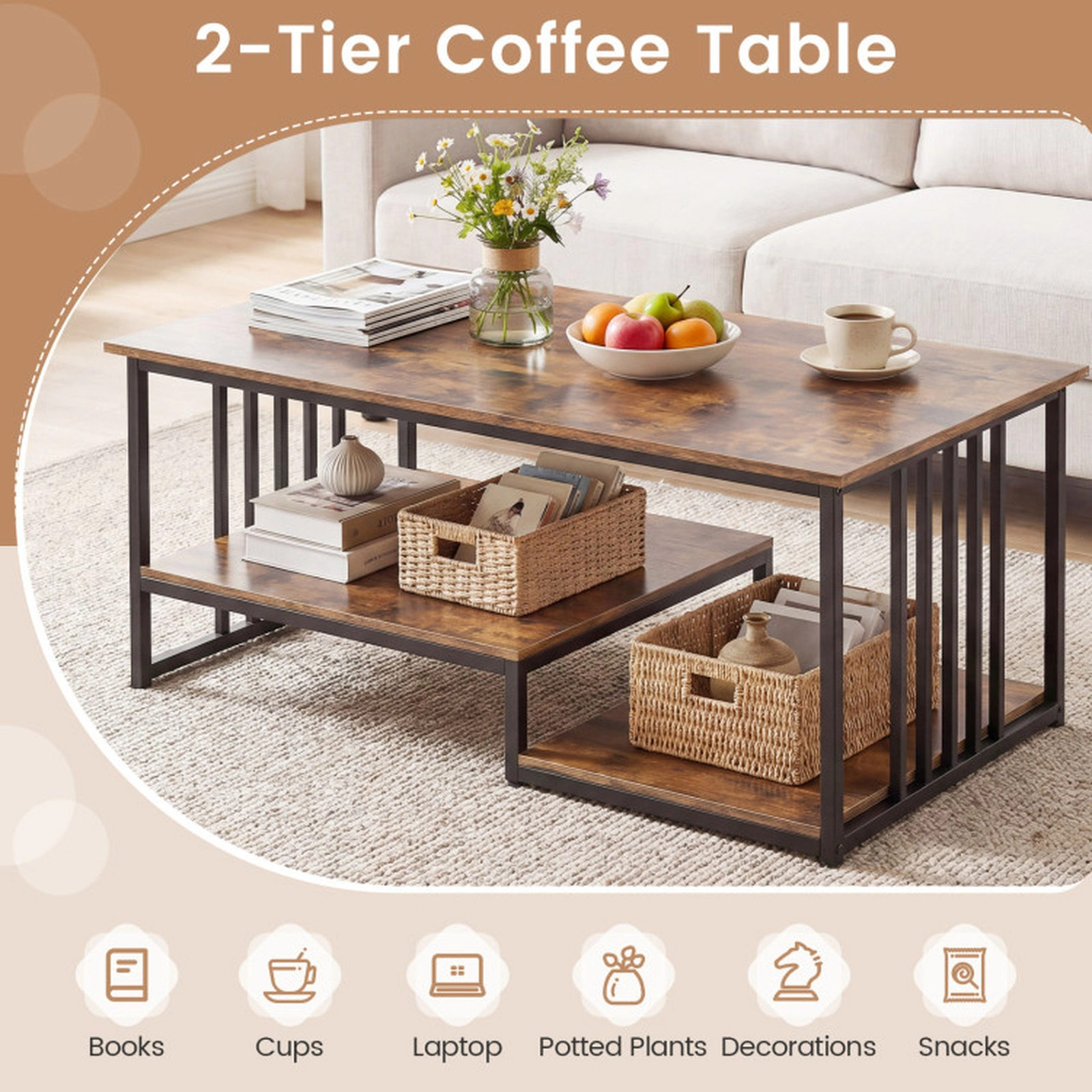 SUGIFT 2-Tier Slatted Metal Frame Open Shelf Coffee Table 43.5-in x 23.5-in x 18-in 110-lb Capacity Rustic Brown