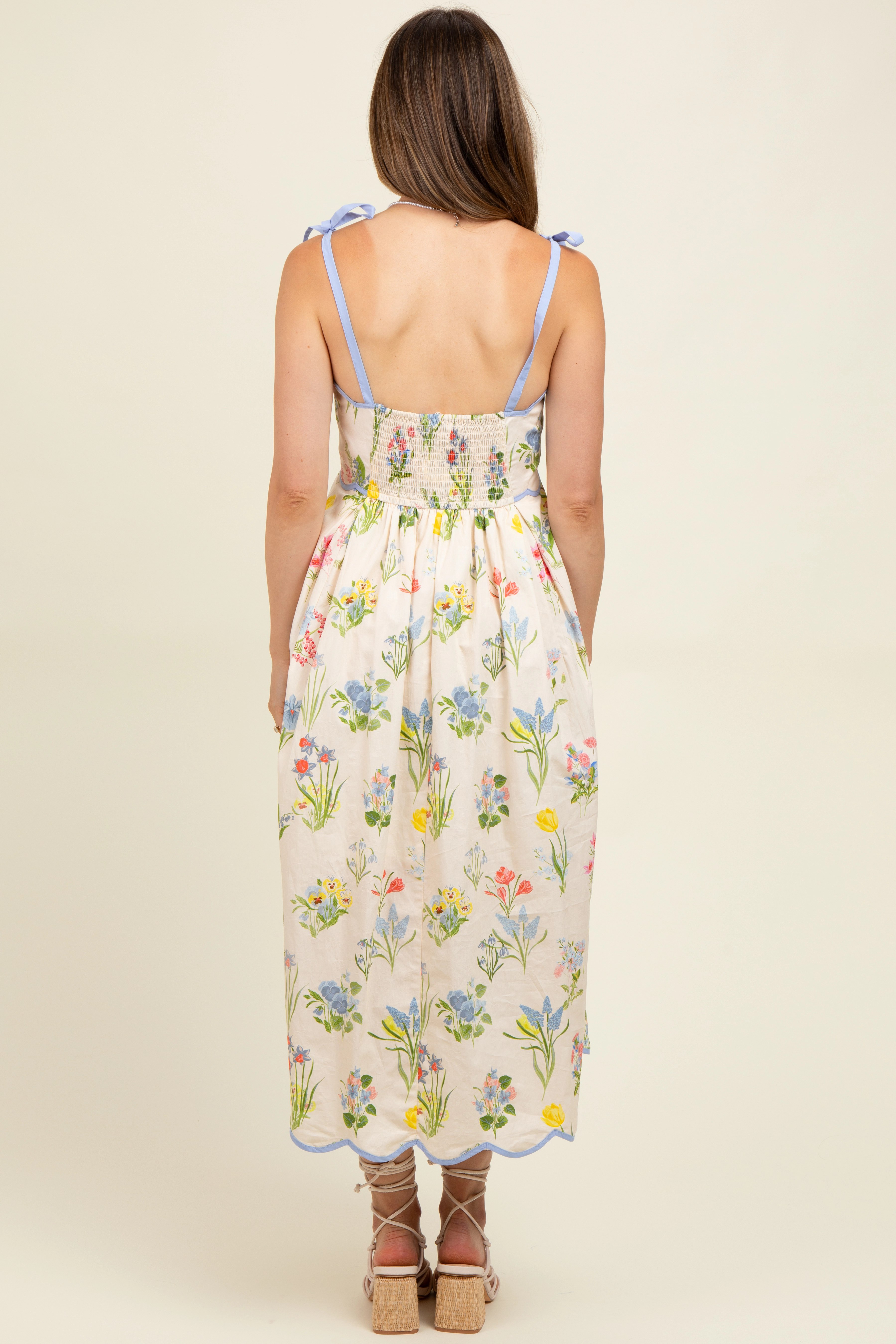PinkBlush Womens Cream Floral Shoulder Tie Scallop Trim Maternity Midi Dress