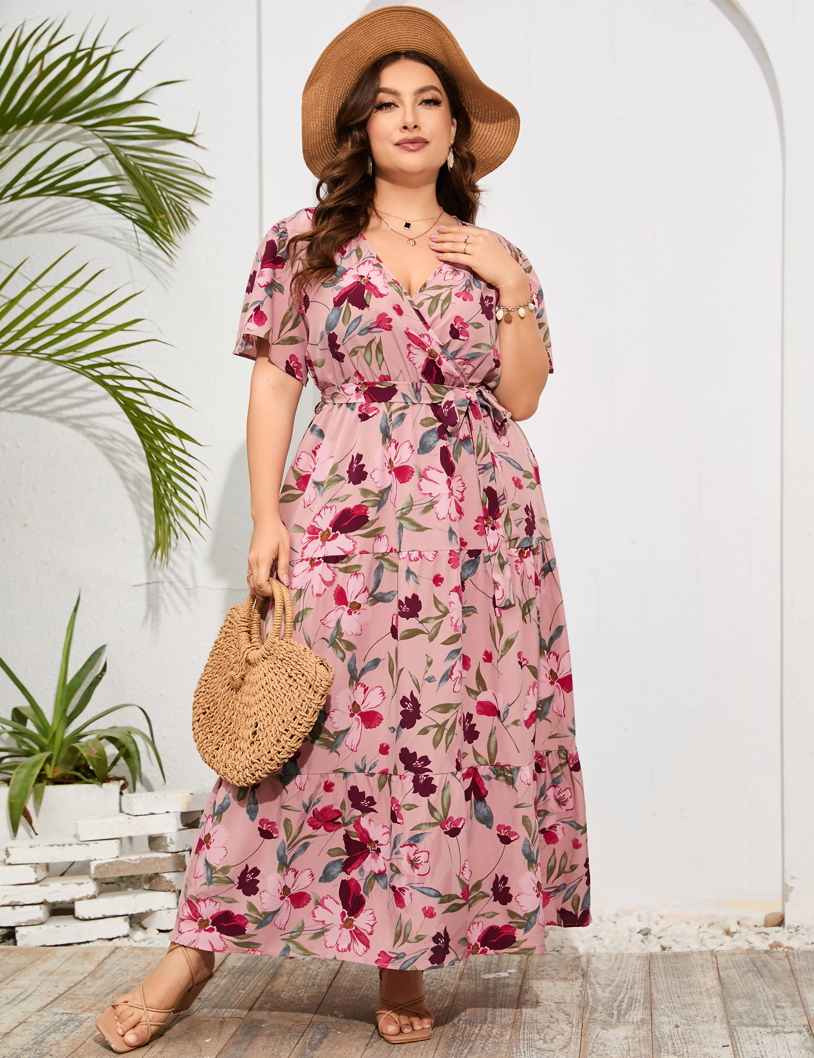 KOJOOIN Women's Plus Tropical Dresses V Neck Short Sleeve Floral Long Summer Casual Dress