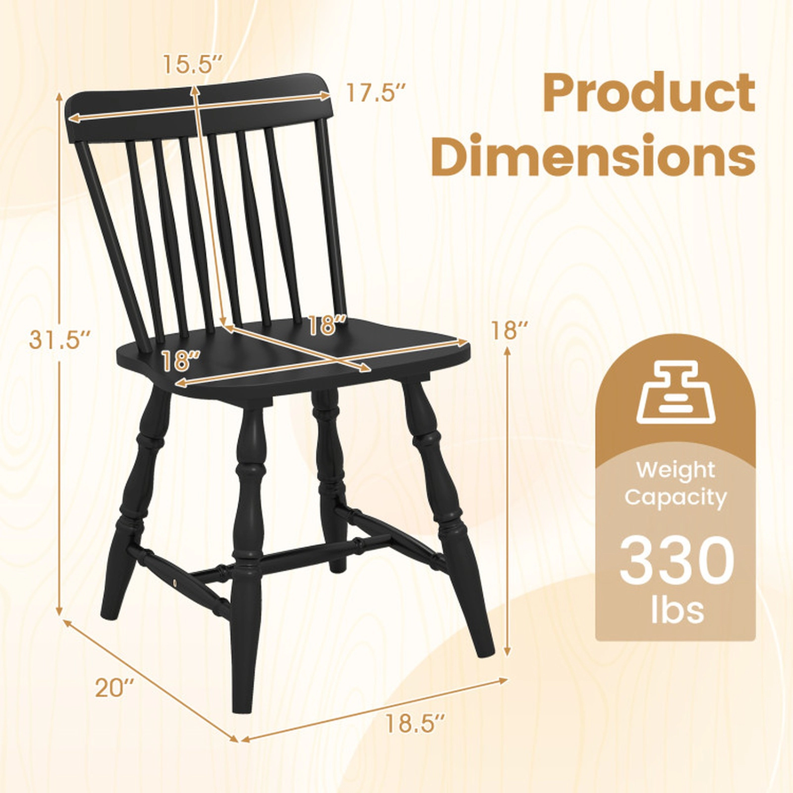 SUGIFT Rubber Wood Windsor Dining Chairs Set of 4 with Curved Spindle Back 330-lb Capacity Black/Natural