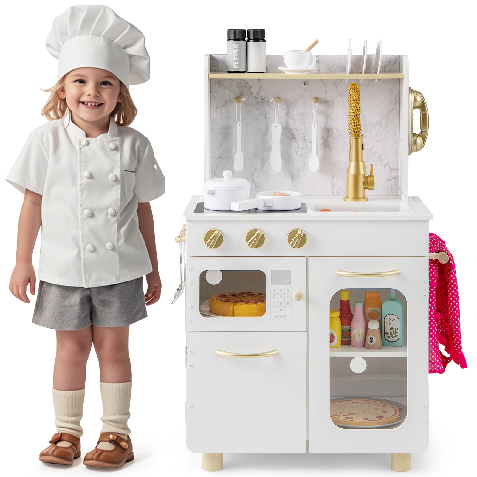 LJG Kids Kitchen Set Pretend Play Kitchen with Stoves Faucet Sink Telephone Microwave and Oven