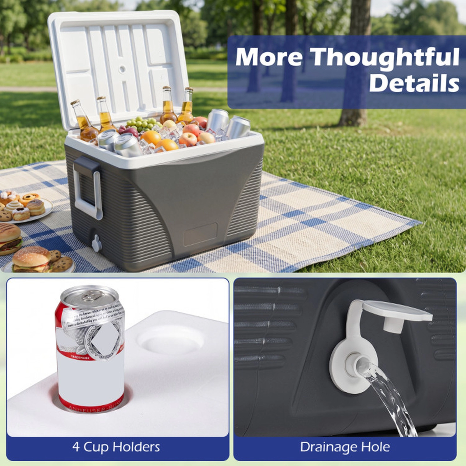 SUGIFT 43.3-Quart Black Hard Side Cooler with Grip Handles and 4 Cup Holders 22-in W 15.5-in D 16-in H