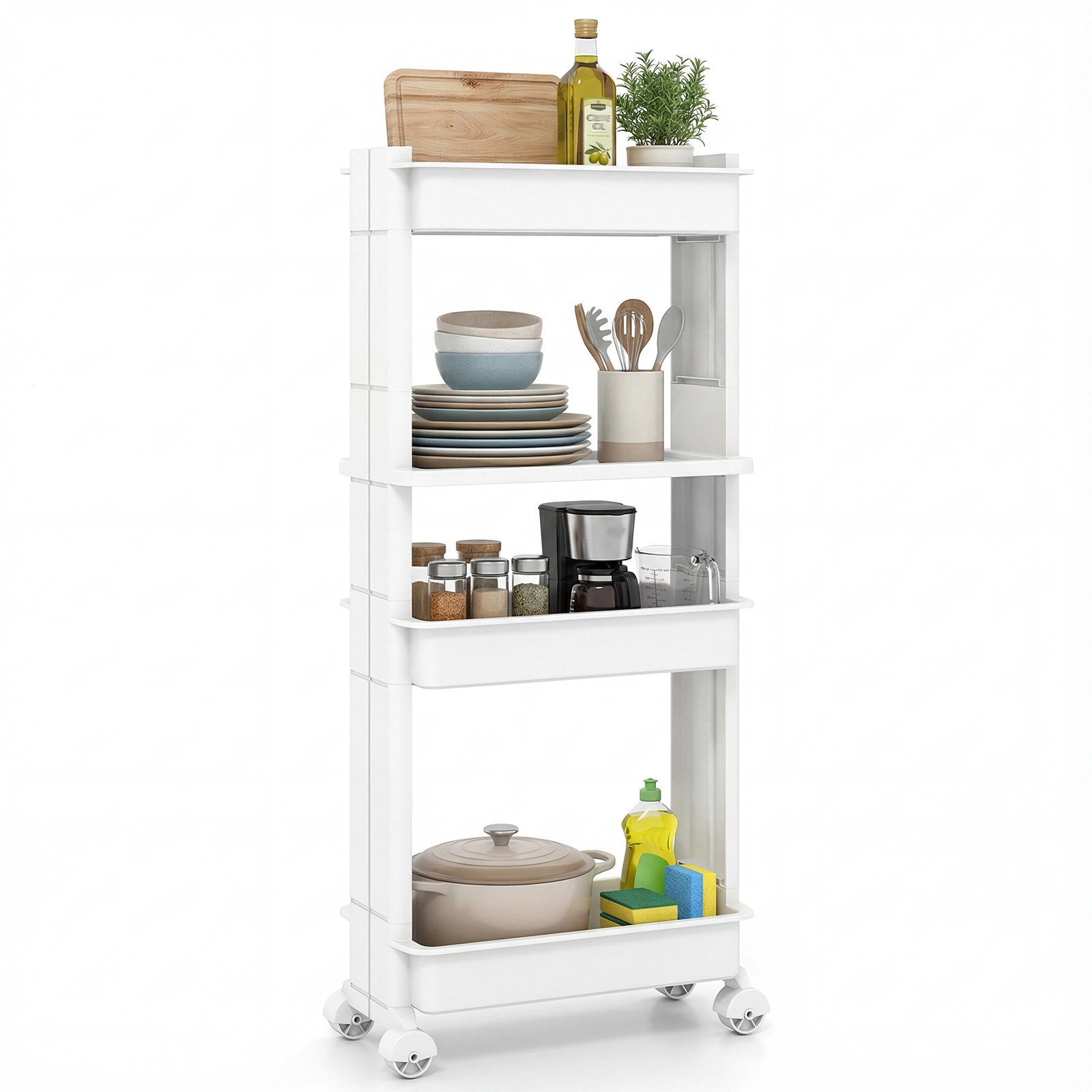 SUGIFT 4-Tier Rolling Utility Cart White with Detachable Trays and Smooth Wheels