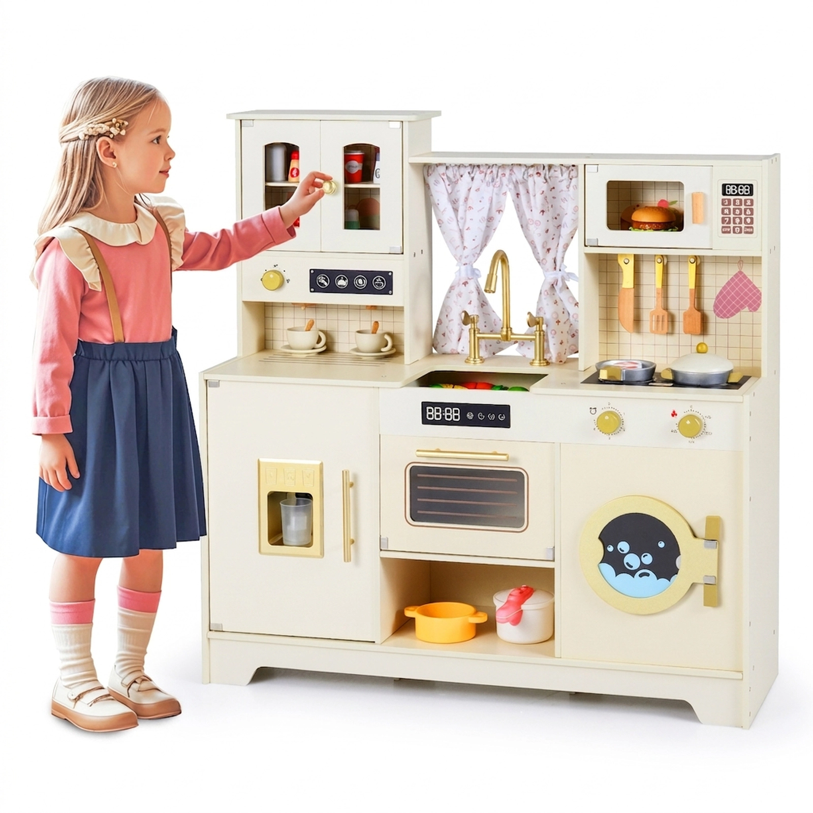 SUGIFT Beige 14 Accessories Ice Maker and Coffee Machine Kids Wooden Toy Kitchen Playset