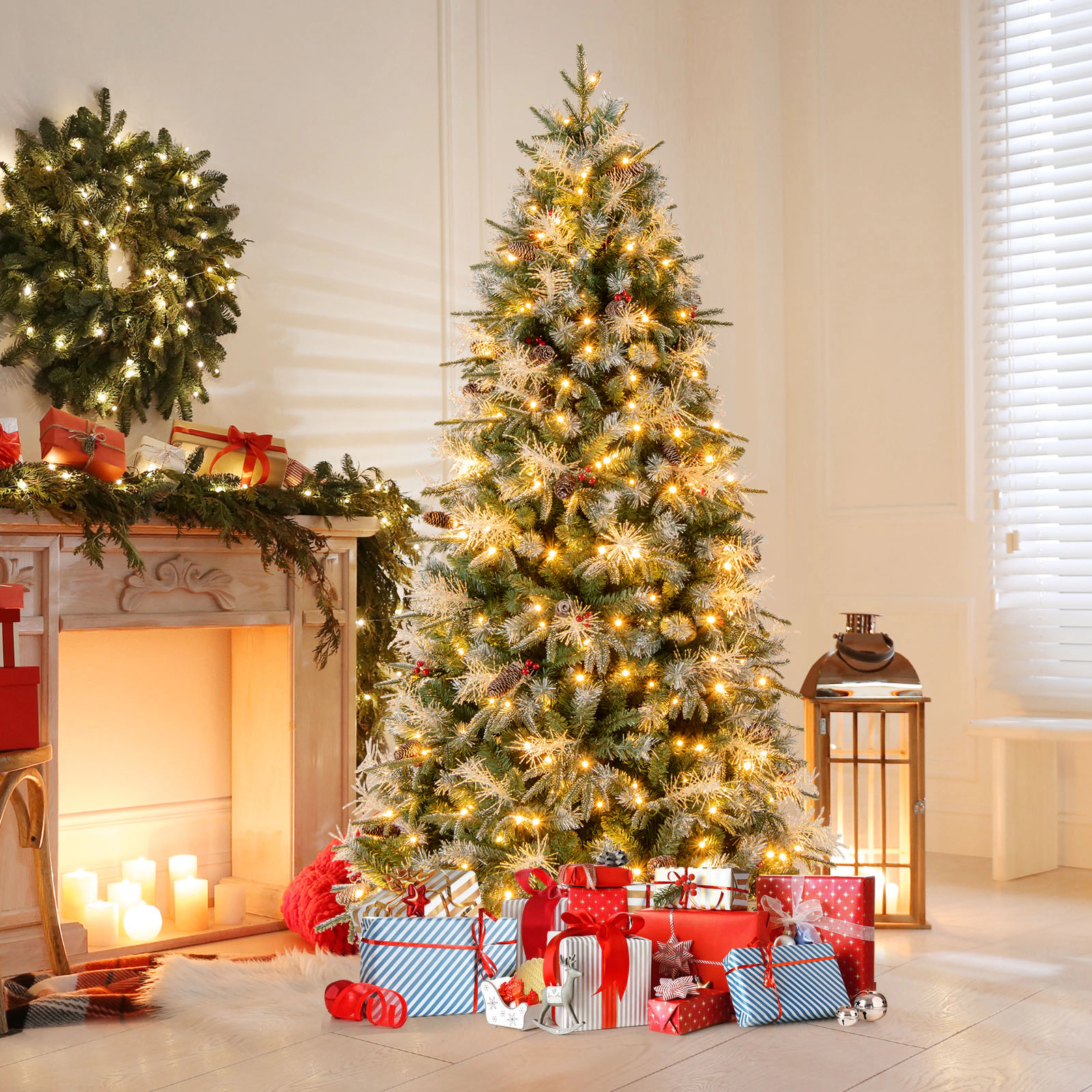 SUGIFT 7-ft Green Pre-Lit Artificial Christmas Tree with 350 LEDs 1072 Snow-Tipped Branches and Pine Cones