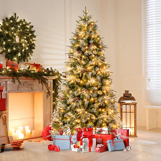 SUGIFT 7-ft Green Pre-Lit Artificial Christmas Tree with 350 LEDs 1072 Snow-Tipped Branches and Pine Cones