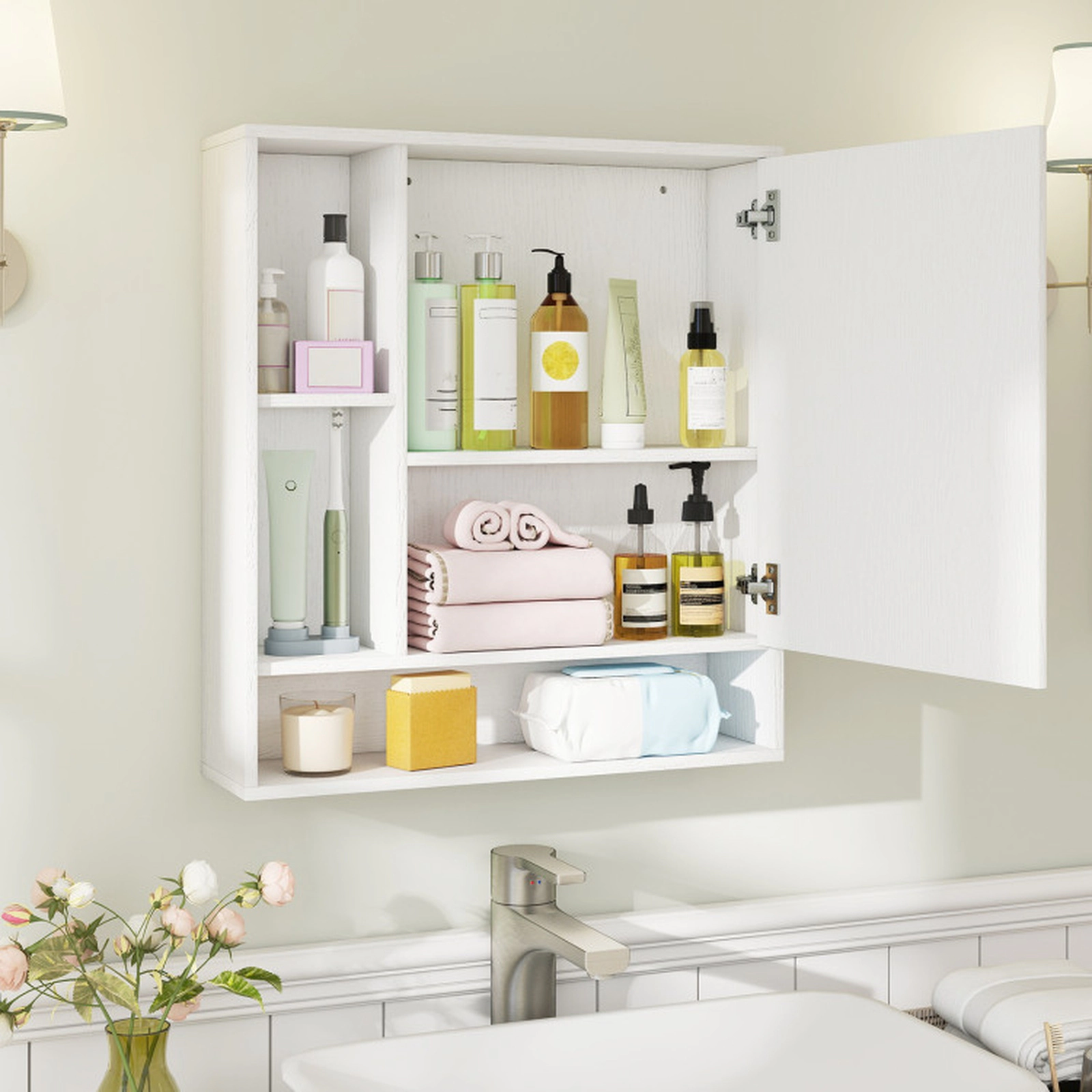 SUGIFT Wall Mounted Bathroom Cabinet with Mirror Single Door 21.5-in Frame 176-lb Capacity Wall Storage 1-Piece White