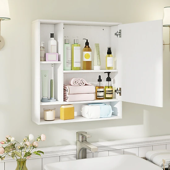 SUGIFT Wall Mounted Bathroom Cabinet with Mirror Single Door 21.5-in Frame 176-lb Capacity Wall Storage 1-Piece White