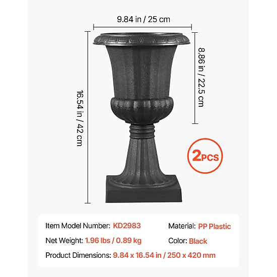 HONGGE Set of 2 Black Urn Planters, 9.8 x 16.5 Inch PP Plastic Flower Pots for Porch, Patio, and Garden