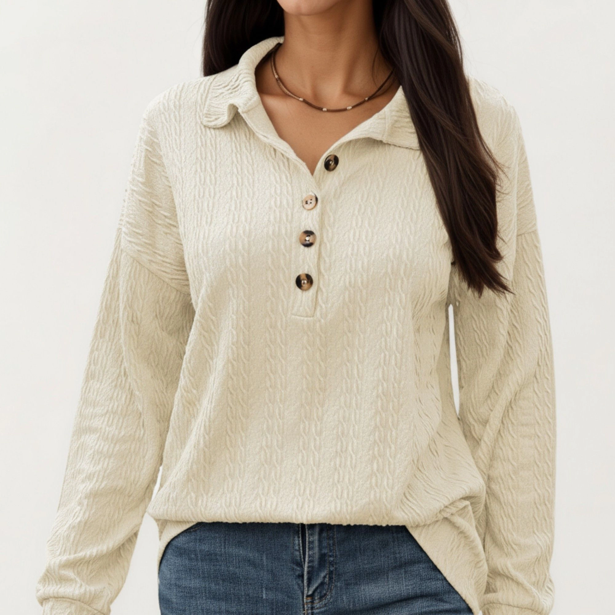 Anna-Kaci Women's Textured Knit Collared Button Front Long Sleeve Top
