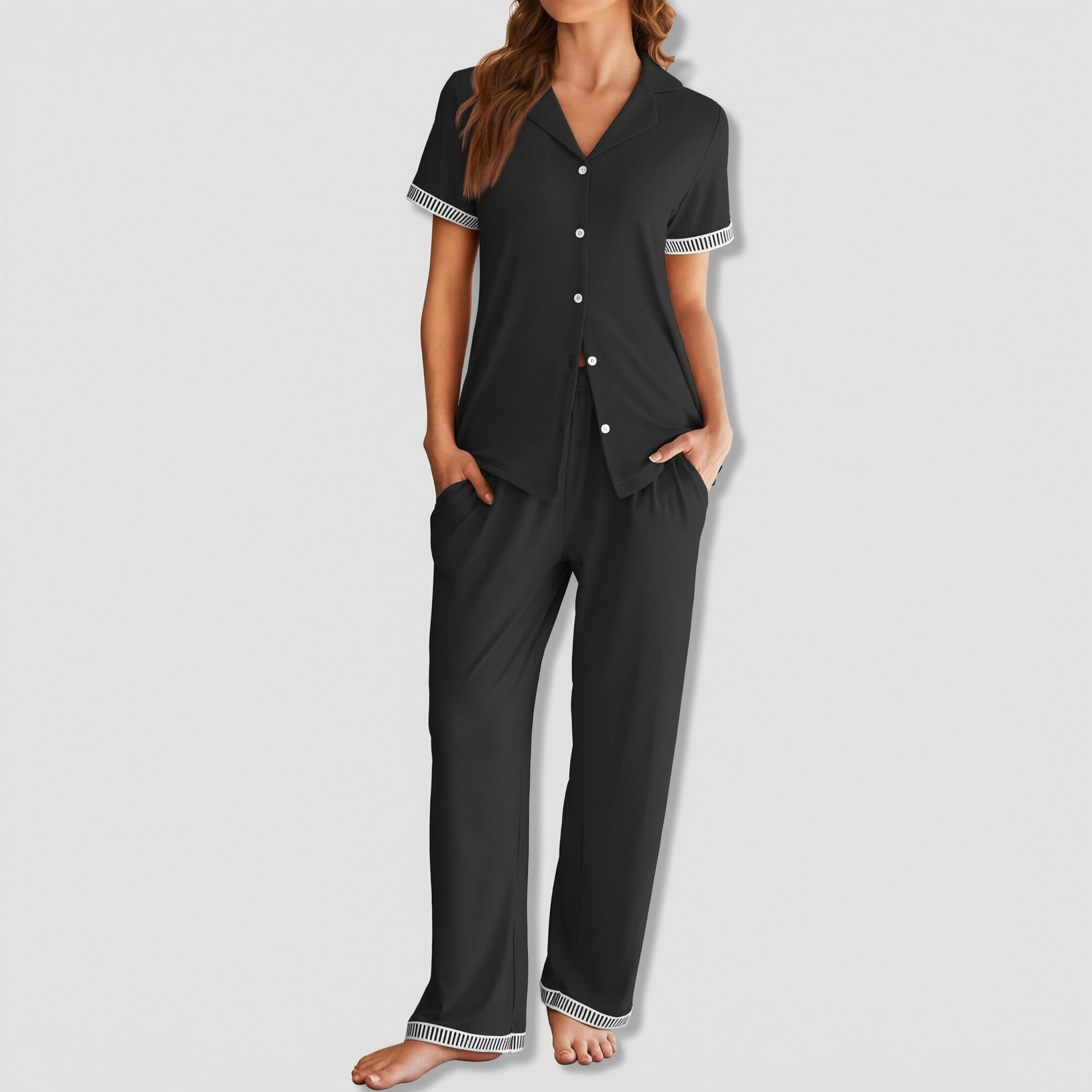 Ekouaer Womens Pajama Sets Short Sleeve Button Up Pjs Chic Contrast Trim Long Pants Soft