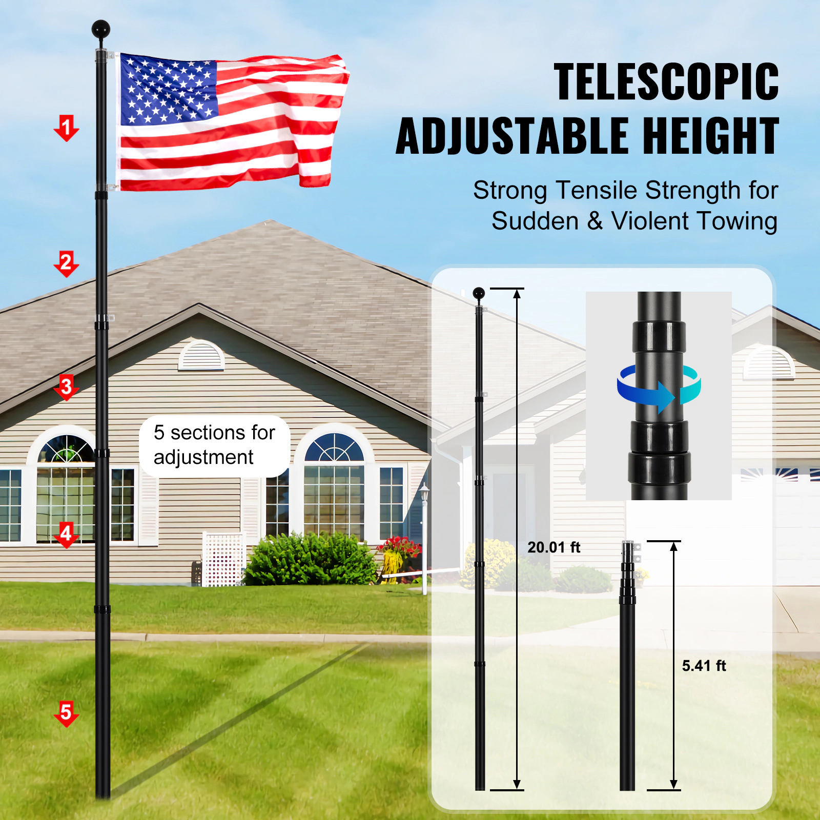 HONGGE Telescoping Flag pole Kit Heavy Duty Aluminum Alloy in Ground Flag Poles for Outside 3 Display Modes Flagpole