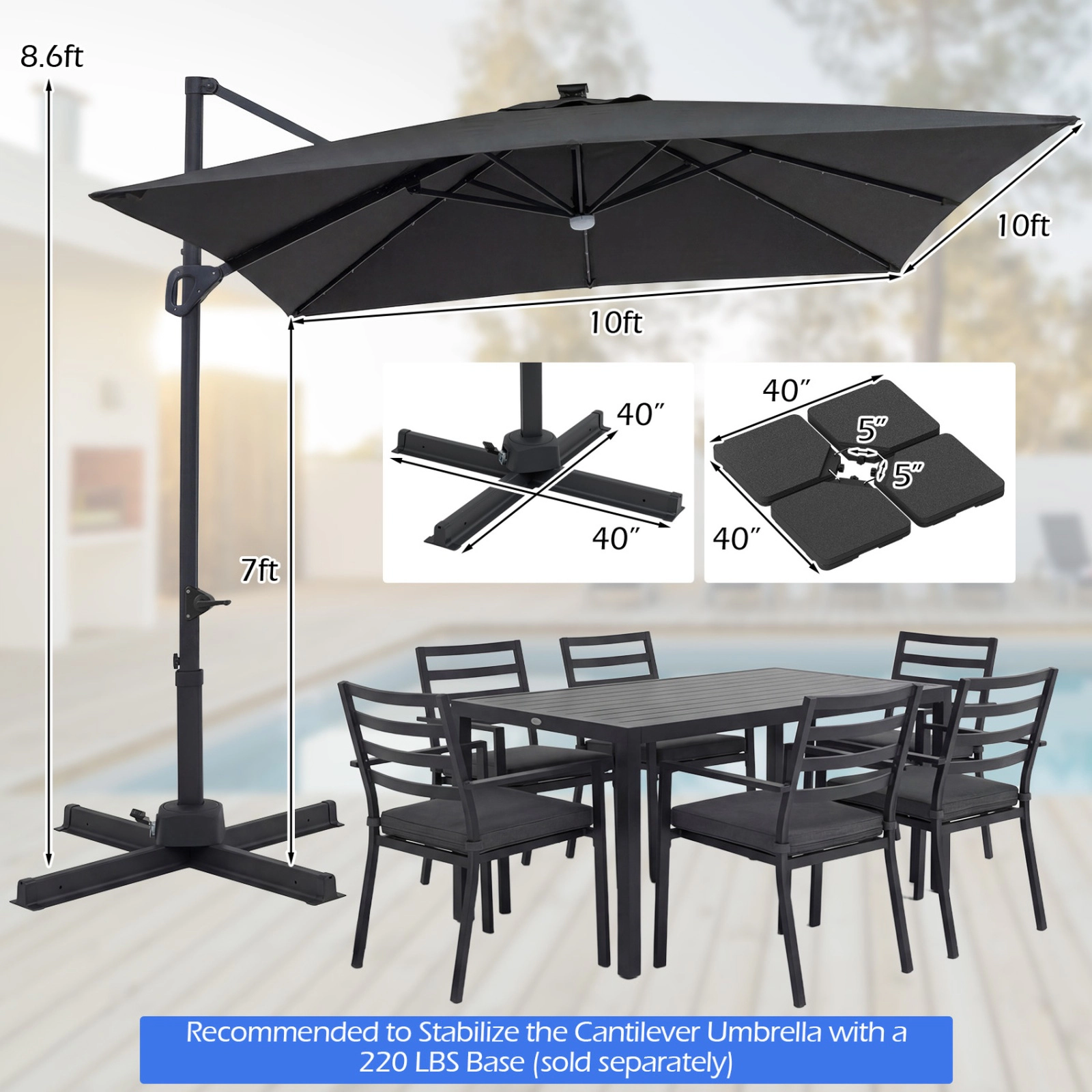 SUGIFT 10 ft Cantilever Patio Umbrella with 33 Solar LED Lights and 7 Rim Height