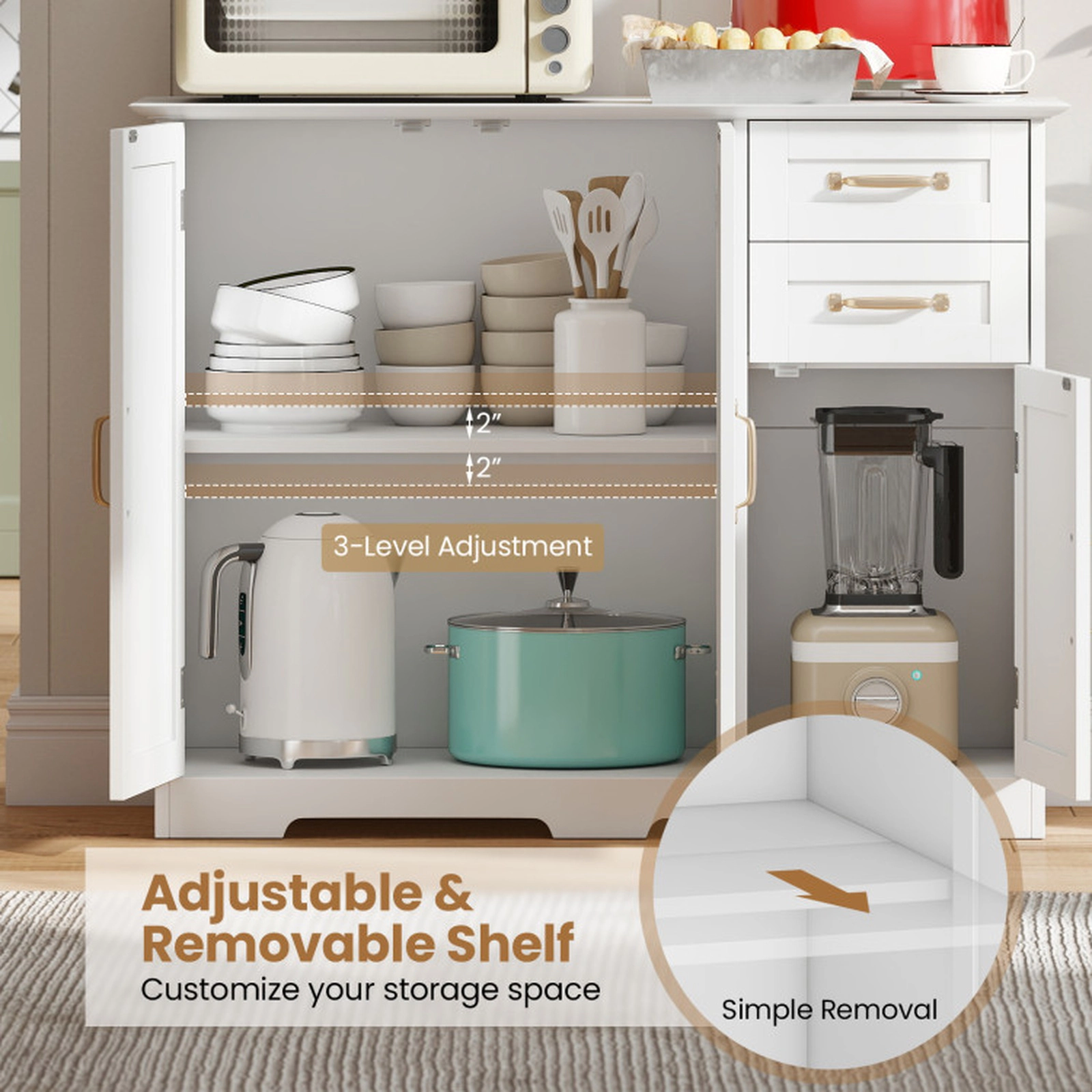 SUGIFT 2-Drawer Gold Handles Shaker Doors Kitchen Sideboard Cabinet 40-in x 16-in x 31-in 120-lb Capacity White