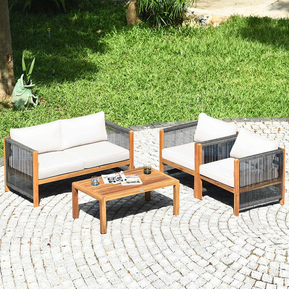 LJG 4 Pieces Wood Outdoor Patio Furniture Set with Cushions for Garden