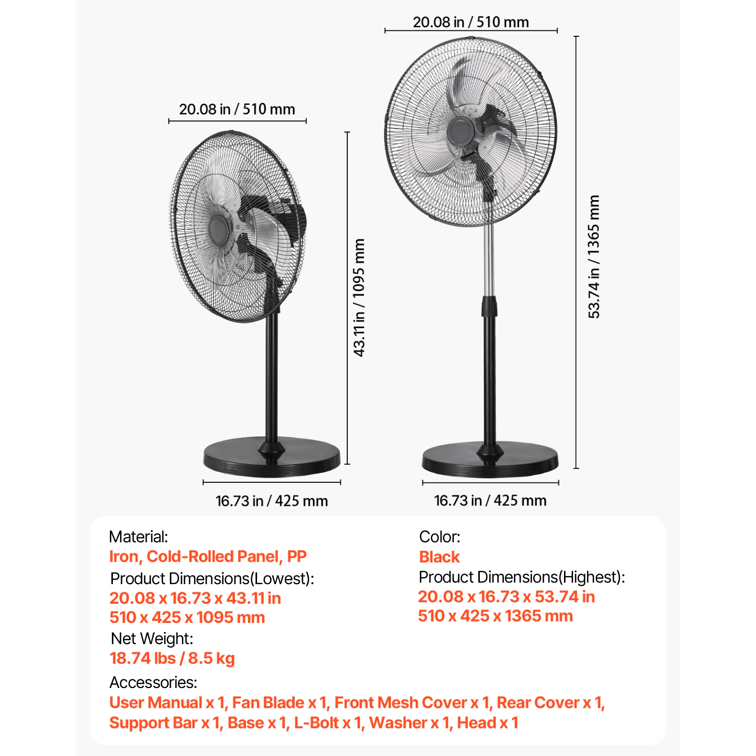 HONGGE Industrial Pedestal Fan, Oscillating Fan, Height Adjustable Standing Fans with 3 Adjustable Speeds
