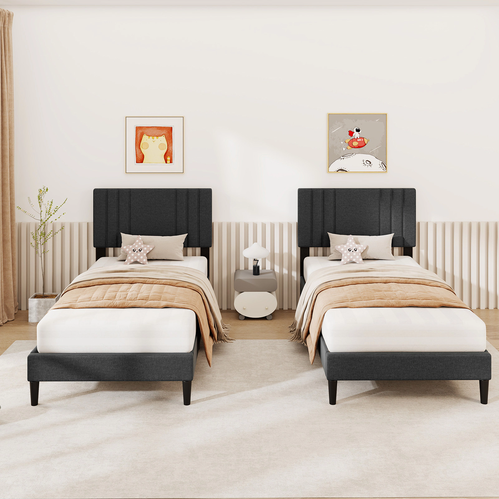 SUGIFT Twin Upholstered Platform Bed with Gray Vertical Channel-Tufted Headboard