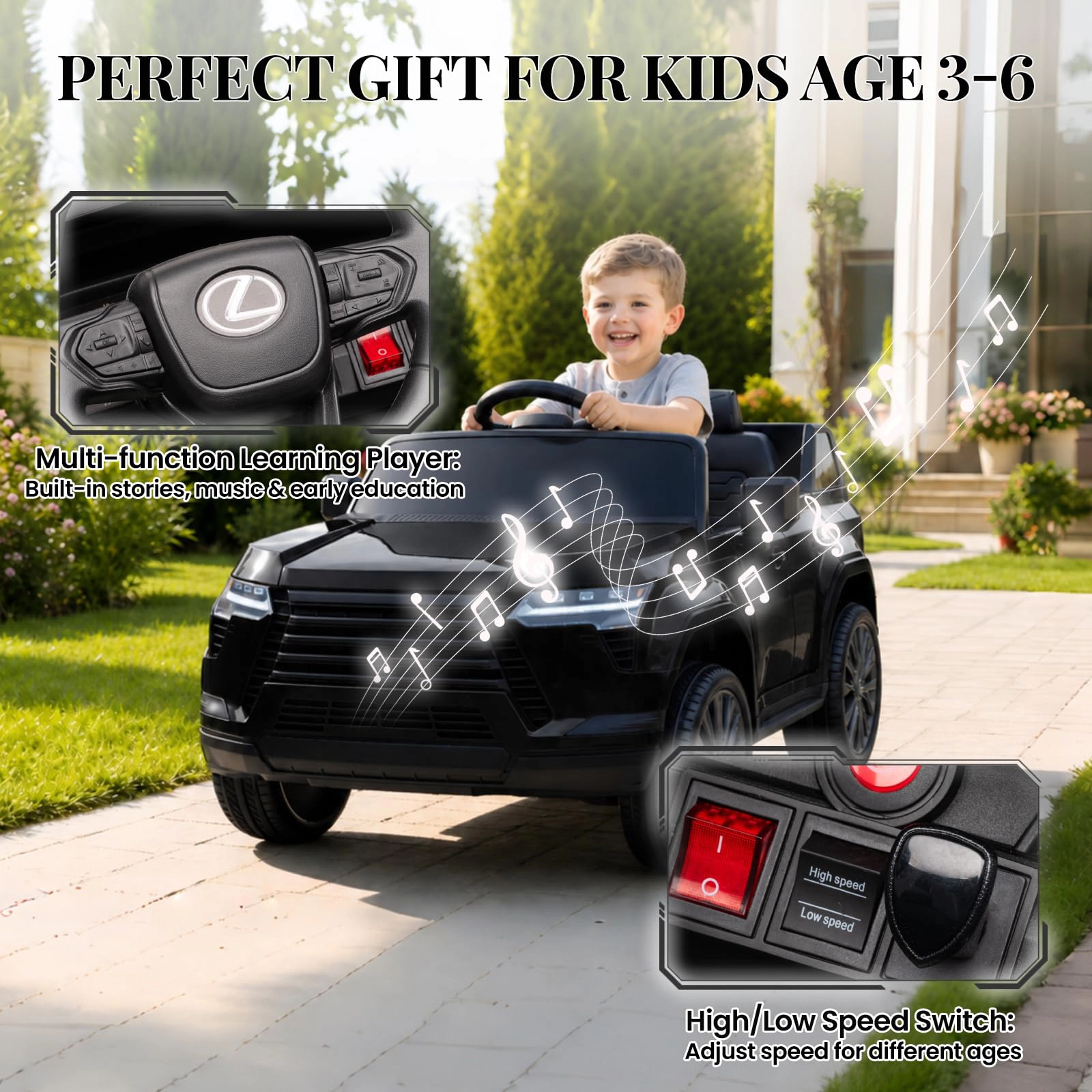 Licensed Lexus GX550 12V Kids Ride-On Car, Dual Control, 2.4G Remote, Bluetooth, LED Lights, Spring Suspension, Ages 3-6