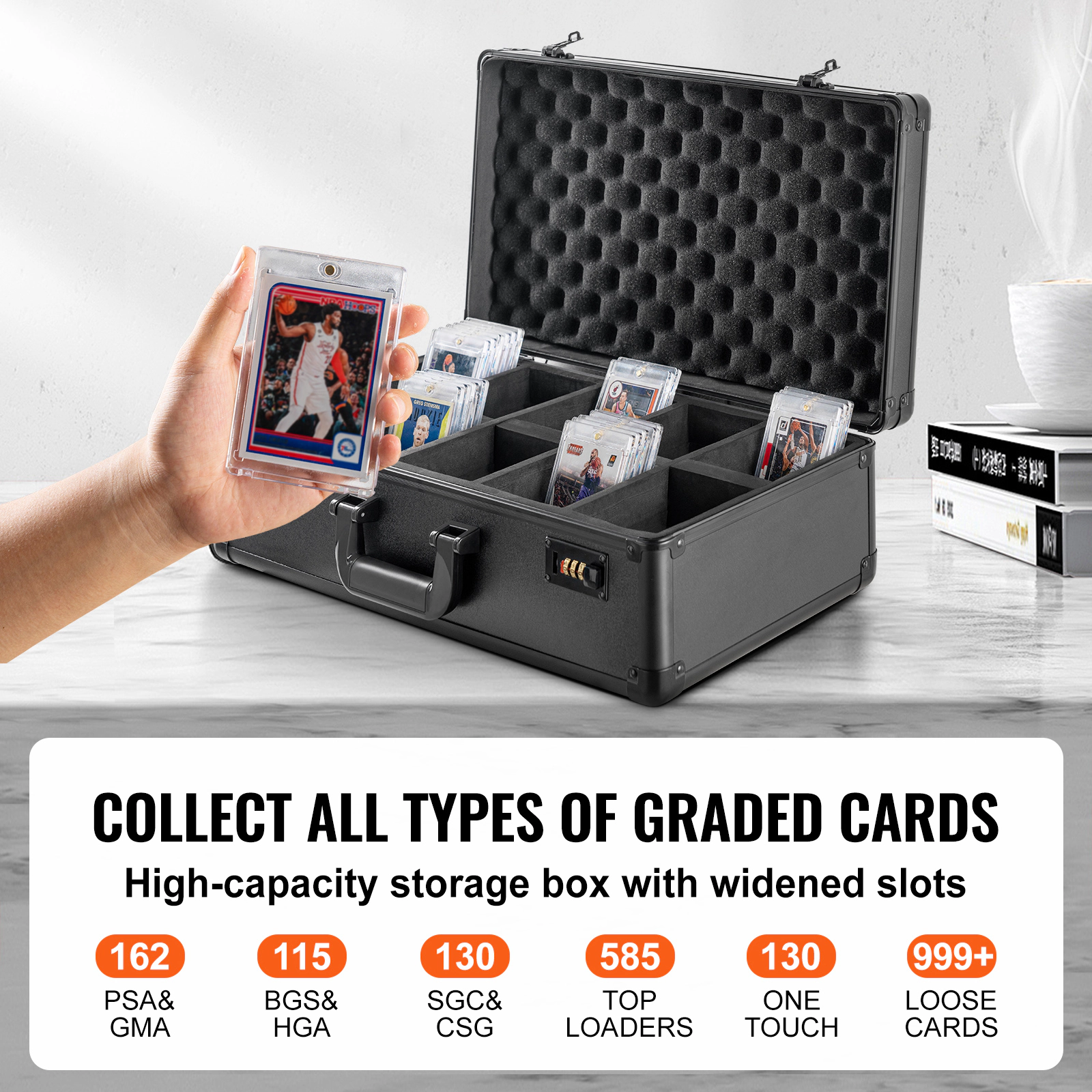 HONGGE Graded Card Storage Box, Graded Sports Cards Holder Carrying Case with Lock Foam Dividers, for PSA Graded Cards