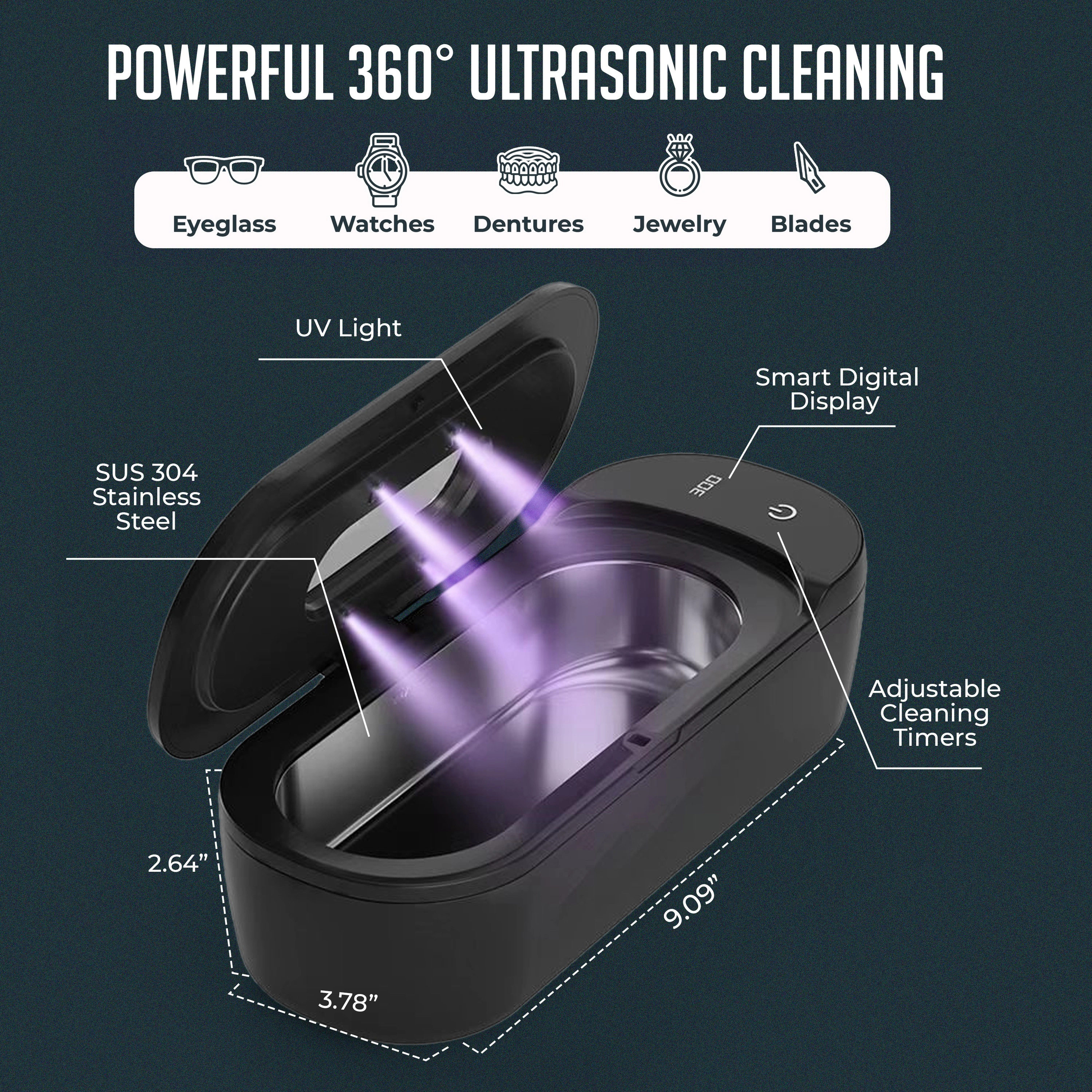 Luminuxe Portable Ultrasonic Jewelry Cleaner, 48KHz Deep Cleaning Machine for Jewelry, Eyeglasses, Watches, Lightweight
