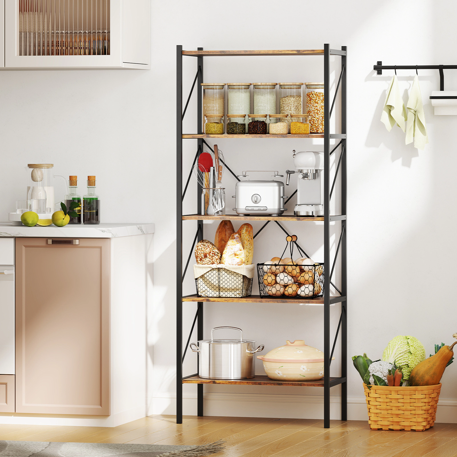 SUGIFT Rustic Brown 5-Tier Bookshelf 63 in with Heavy-Duty Metal Frame