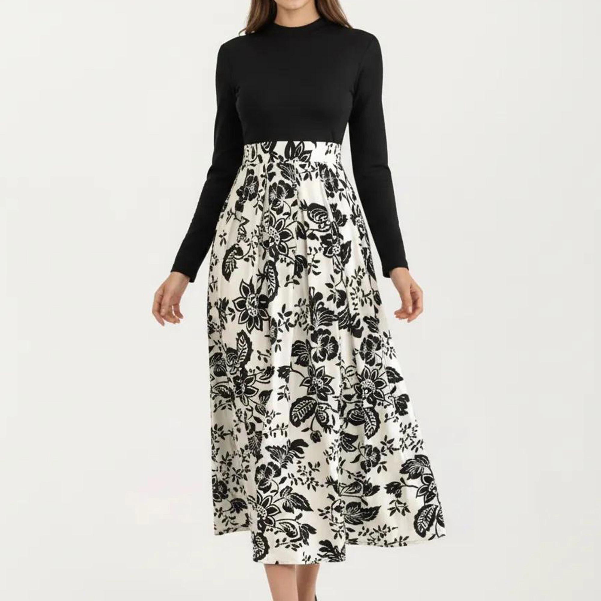 Anna-Kaci Women's Long Sleeve Mixed Media Fitted Bodice Floral Print Midi Dress