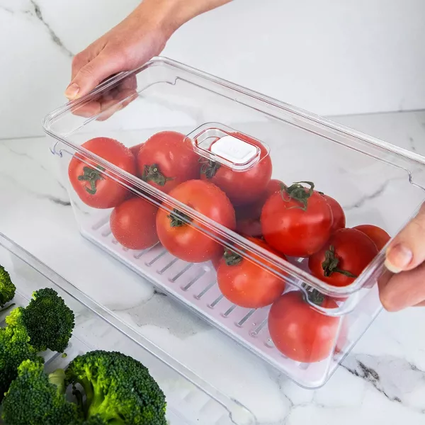 OU Fridge Organizer Bins w/ Drain Basket & Vented Lids, Clear Stackable Storage Container, BPA Free, 2 Pack (5.3qt Each)