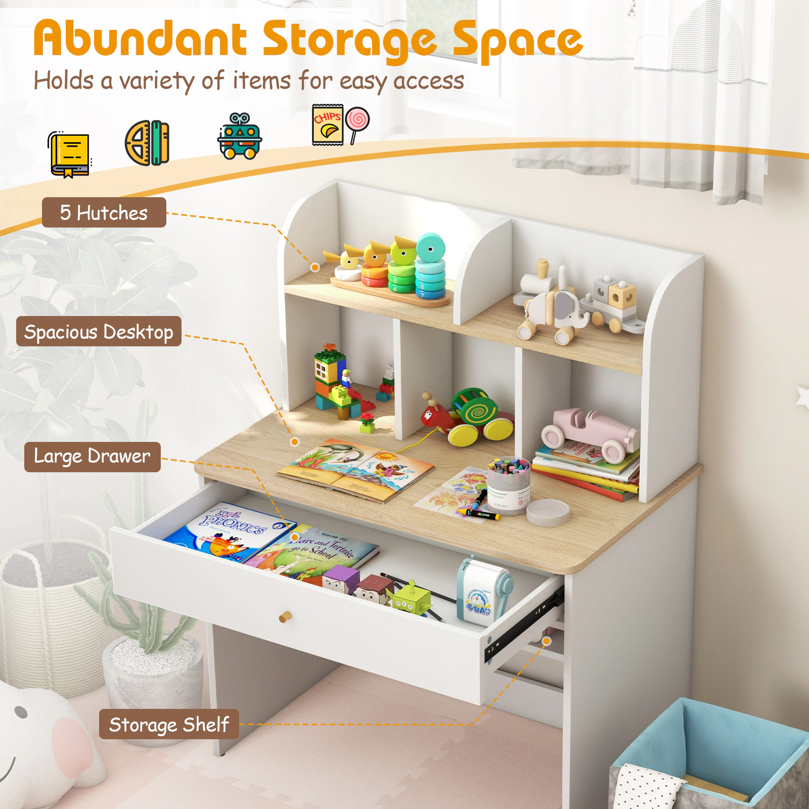 SUGIFT Kids Study Desk White Wooden Writing Table with 5 Hutch Shelves and Drawer