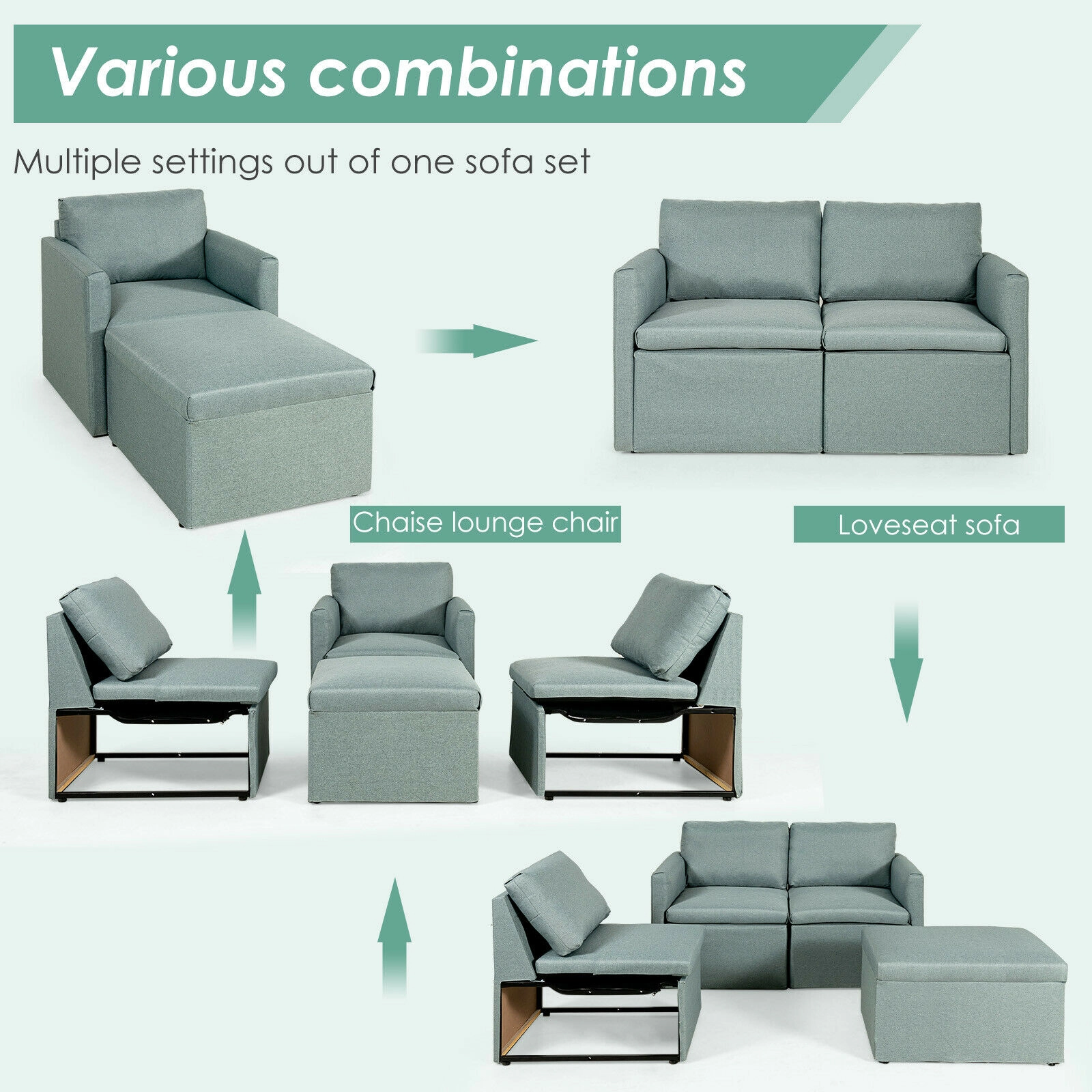 SUGIFT Green Linen Convertible L-Shaped Sectional Sofa with Reversible Chaise, 304 lb Capacity