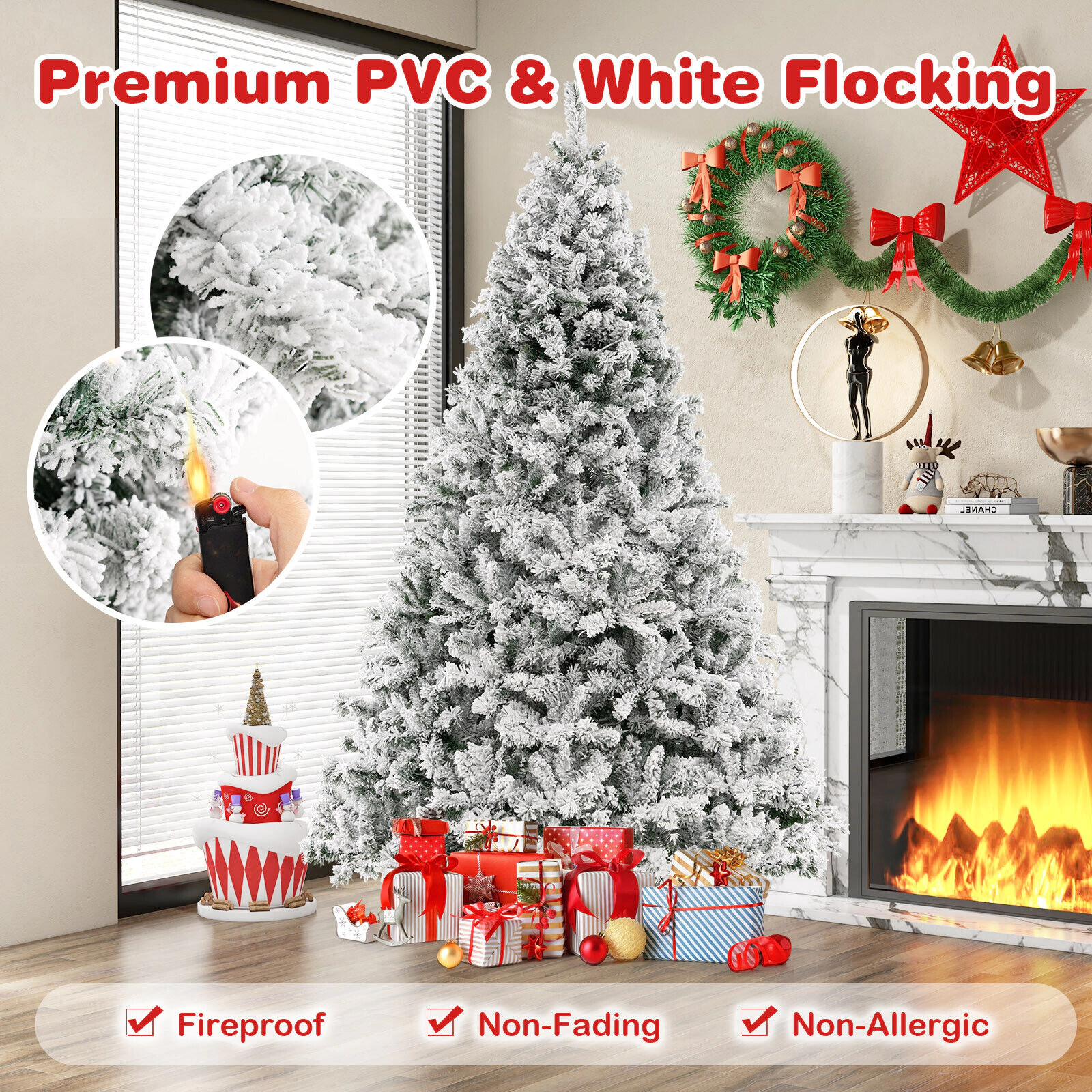 Glintex 8-Ft Flocked Christmas Tree with 1370 Tips and 600 Warm White LEDs, Green