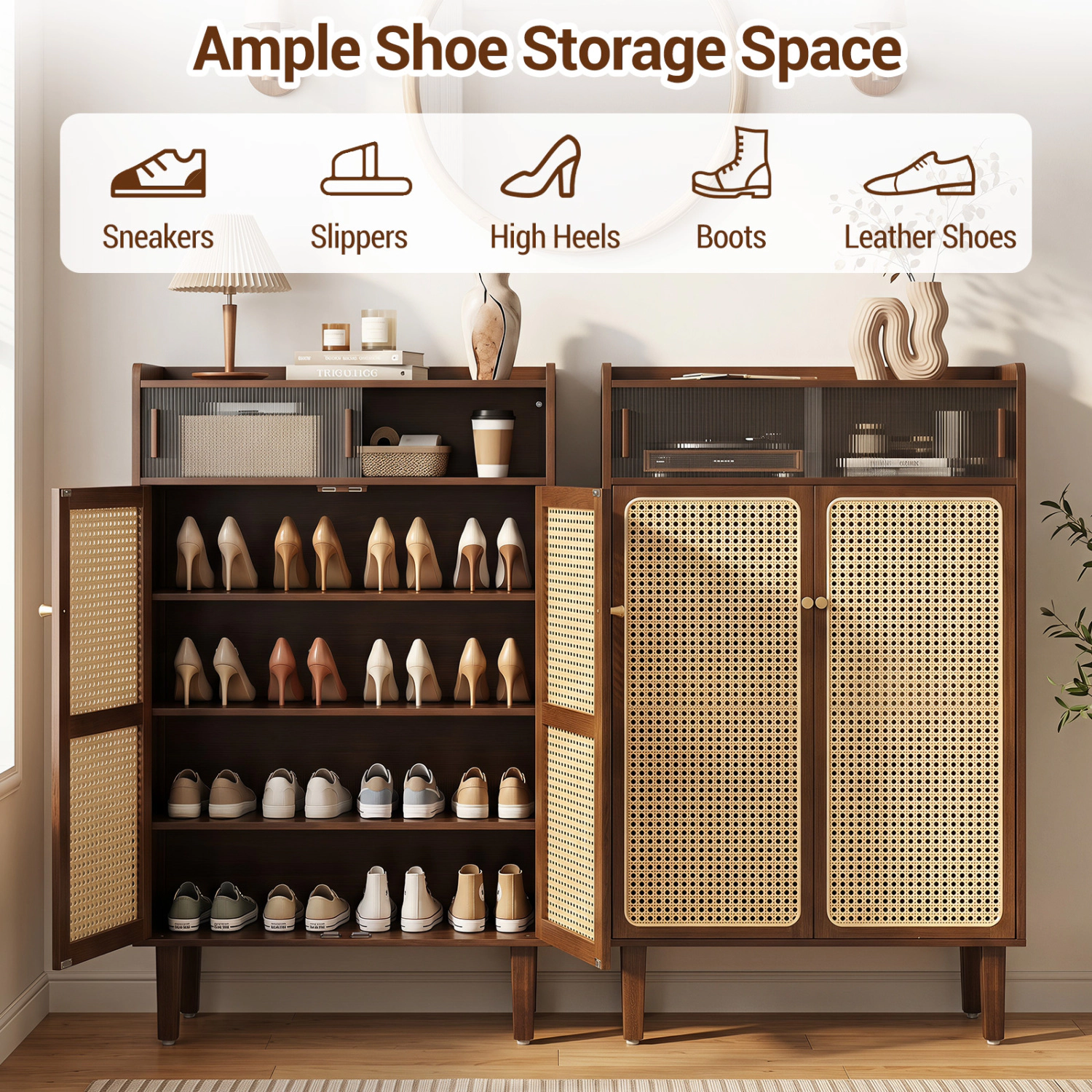 Glintex 5-Tier Bamboo Shoe Cabinet with Sliding Rattan Doors and 110-Lb Top, Walnut