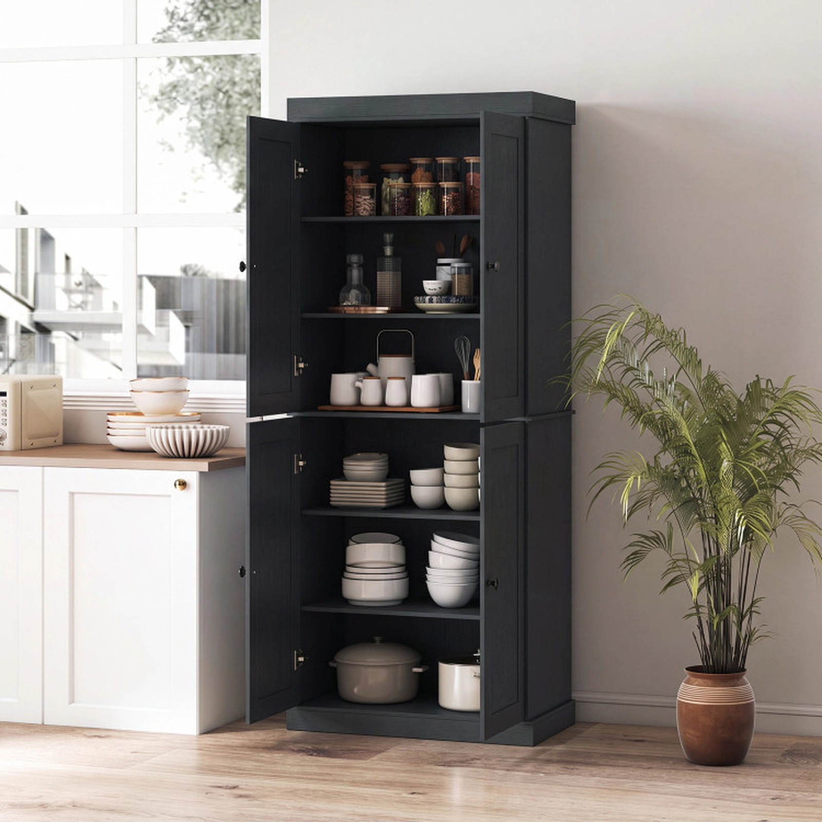 SUGIFT Four-Door Kitchen Pantry Cabinet with 2 Adjustable Shelves and Anti-Tipping Kits 22-lb Shelf Capacity Black