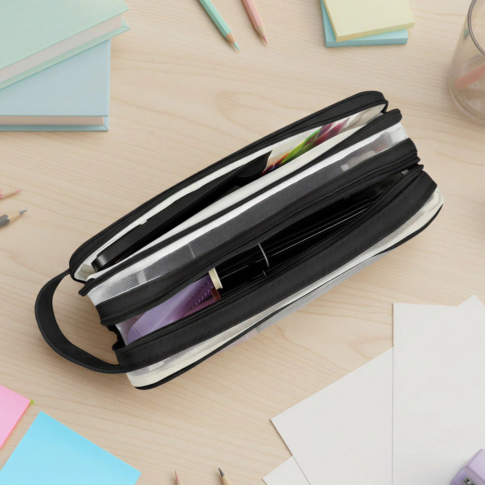 Wrapables 2-Compartment Transparent Mesh Pencil Case for Stationery, Makeup and Travel