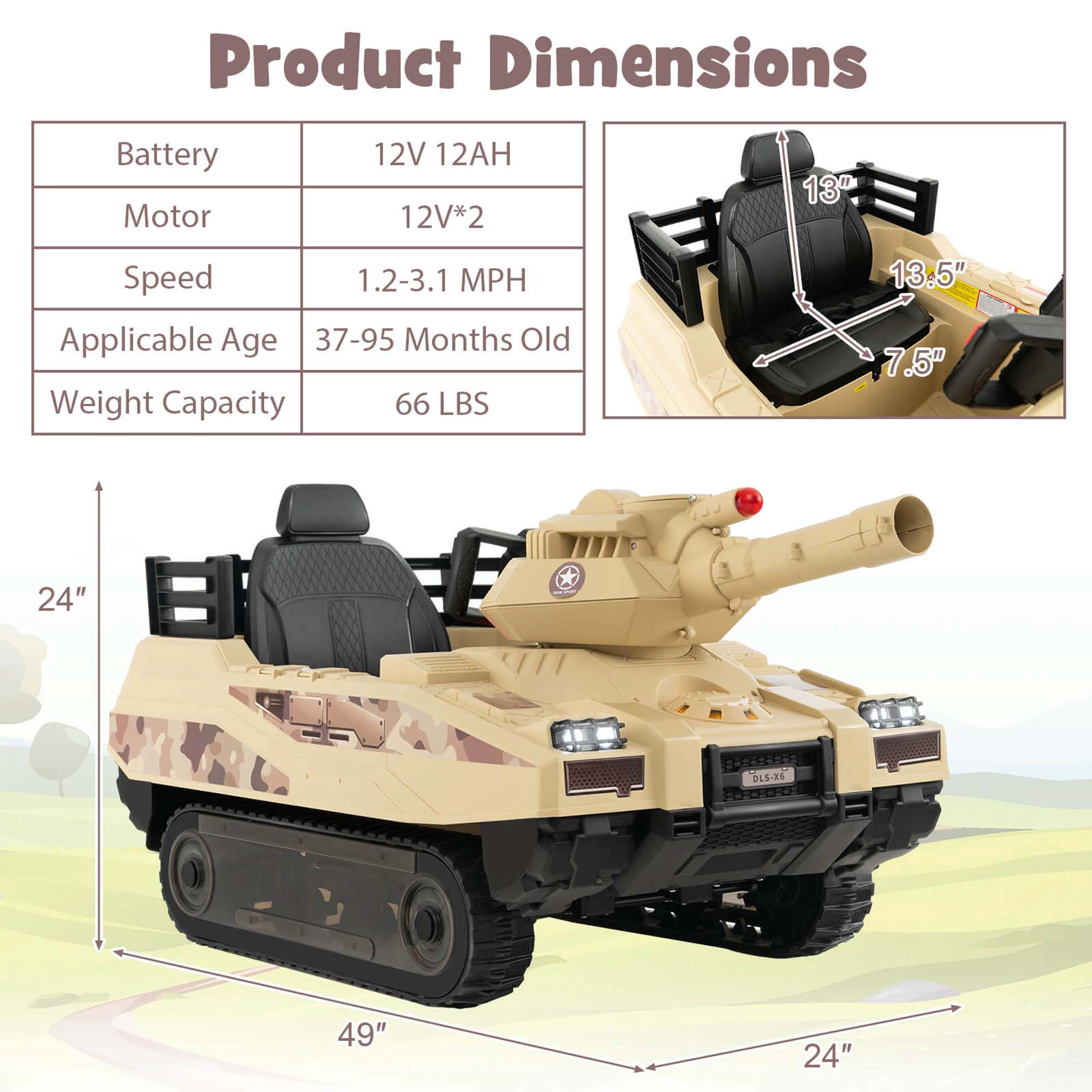 Costway Electric Kids Ride On Tank with Rubber Tracks Rotatable Turret & Working Cannon