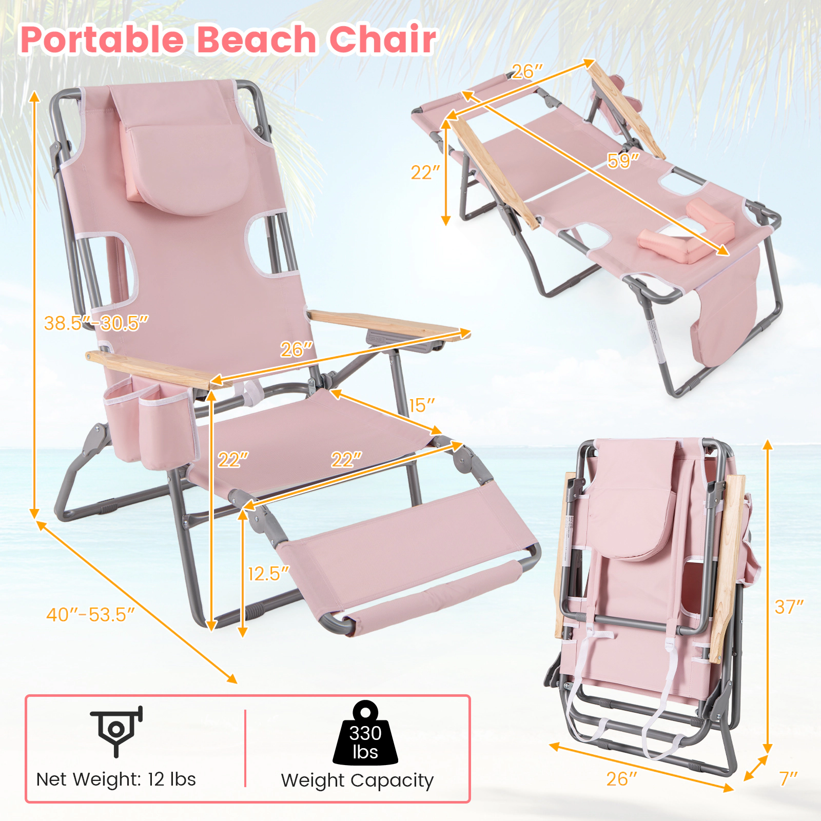 SUGIFT Pink 3-in-1 Folding Beach Chair with Footrest, Reclining Backrest and Face Hole