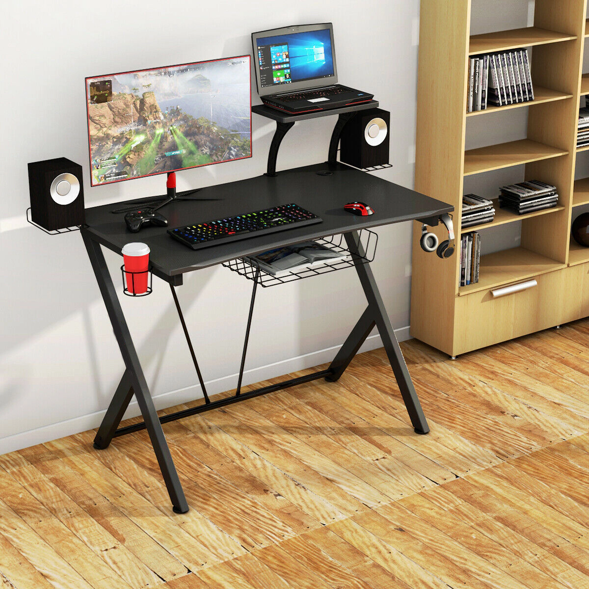 SUGIFT 52-Inch Black Curved Gaming Desk with Cup Holder and Monitor Shelf
