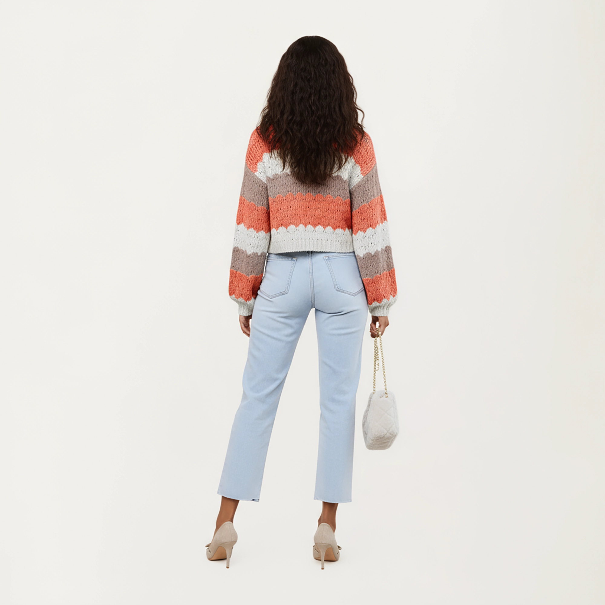 Anna-Kaci Women's Textured Knit Button Front Top with Long Sleeves, Scalloped Stripe Pattern and Cropped Fit