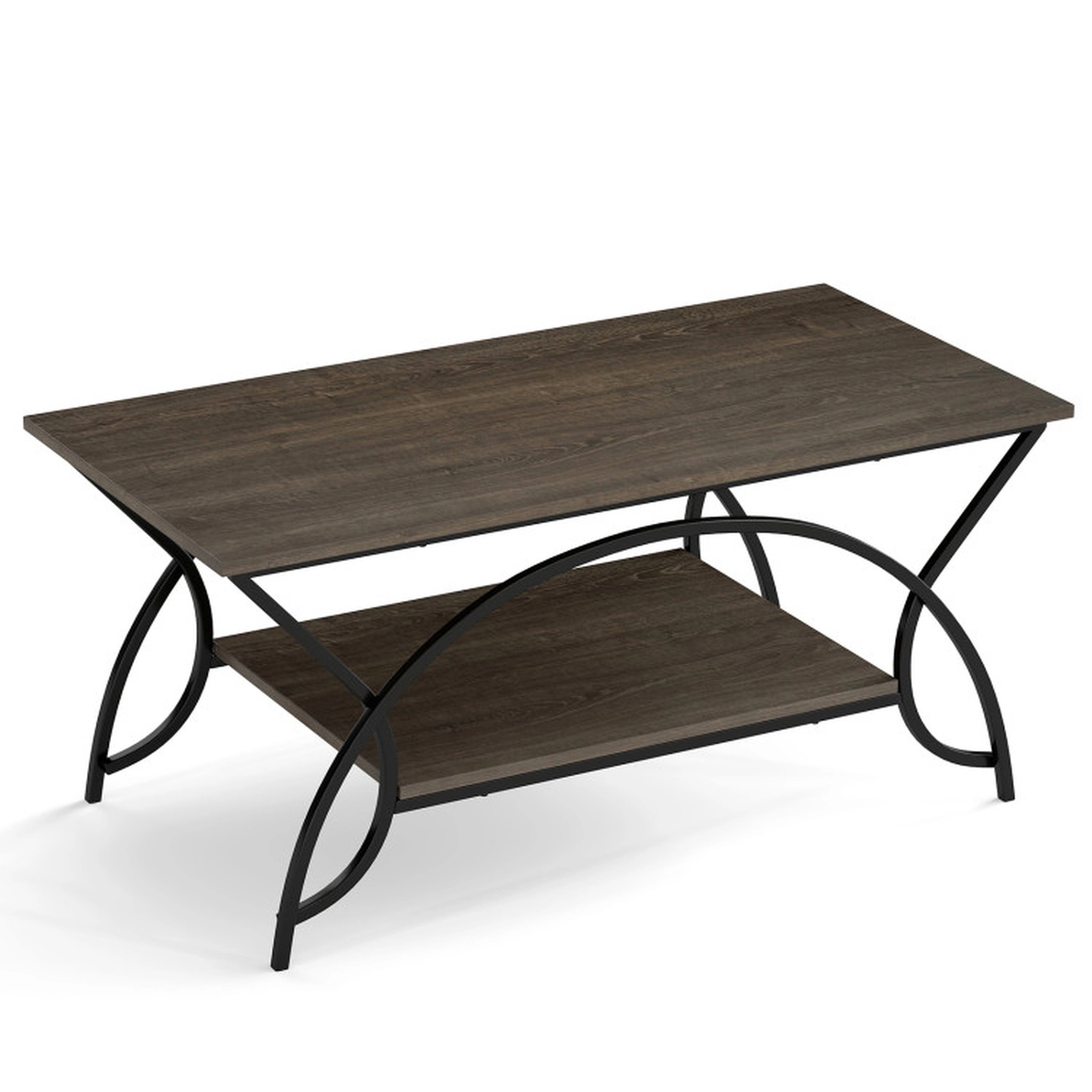 SUGIFT 2-Tier Wood Grain Top Arched Black Steel Frame Coffee Table 39.5-in x 19.5-in x 18-in 110-lb Capacity Oak