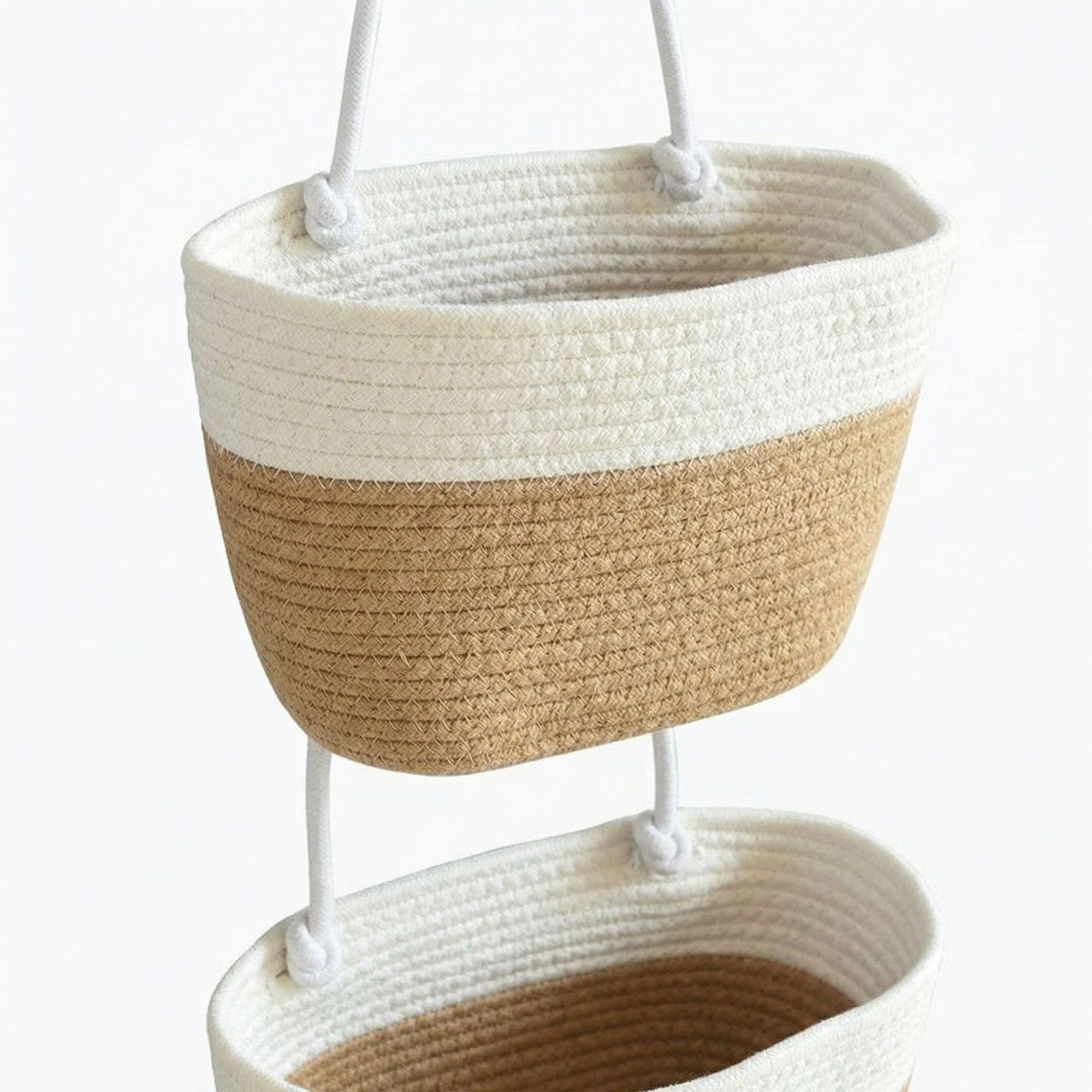 Alilang Unisex 2 Tier Hanging Storage Basket Cotton Rope Wall Organizer Modern Neutral