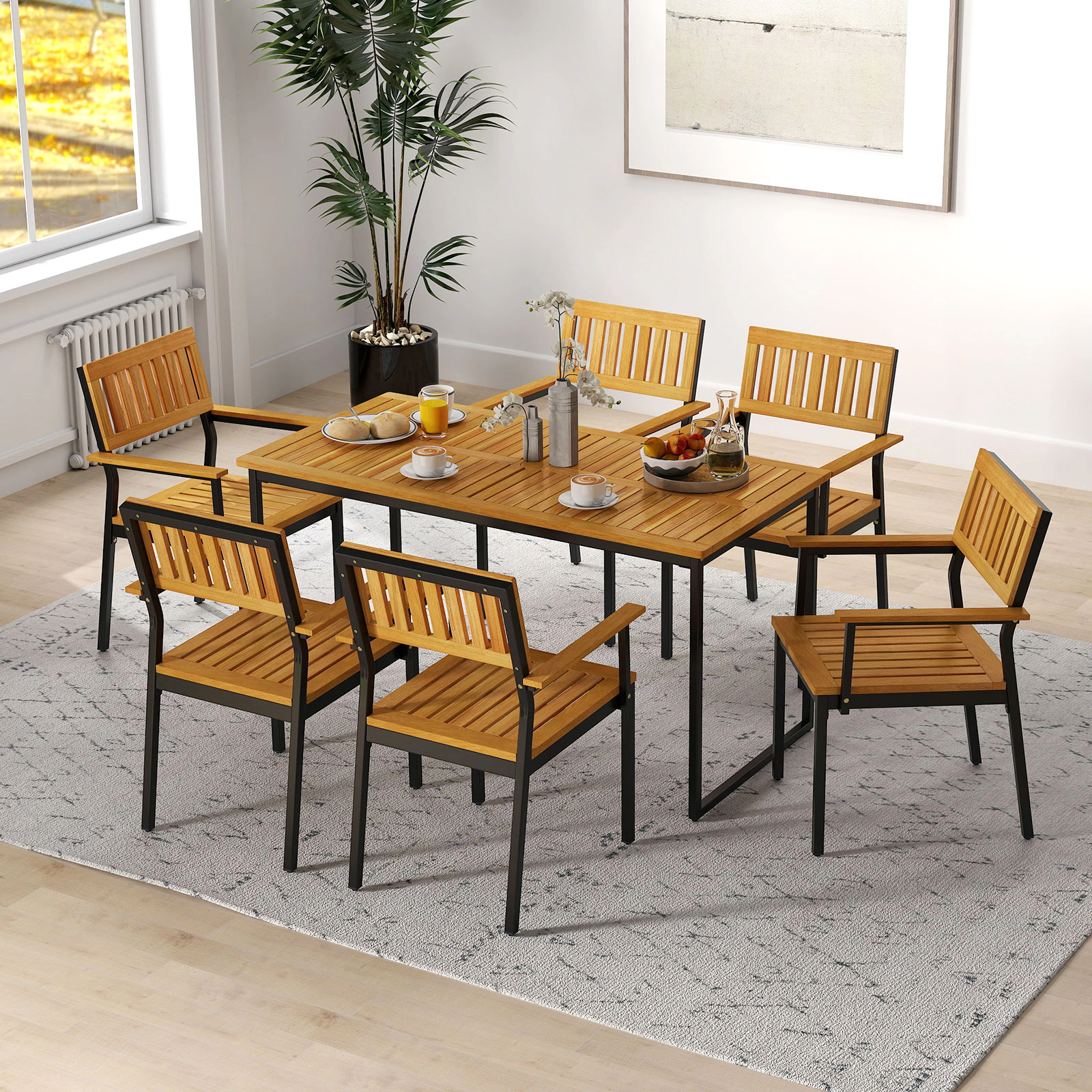 SUGIFT Solid Acacia Wood and Metal Patio Outdoor Dining Chair Set of 2 400-lb Capacity 22.5-in Wide Seat Natural+Black