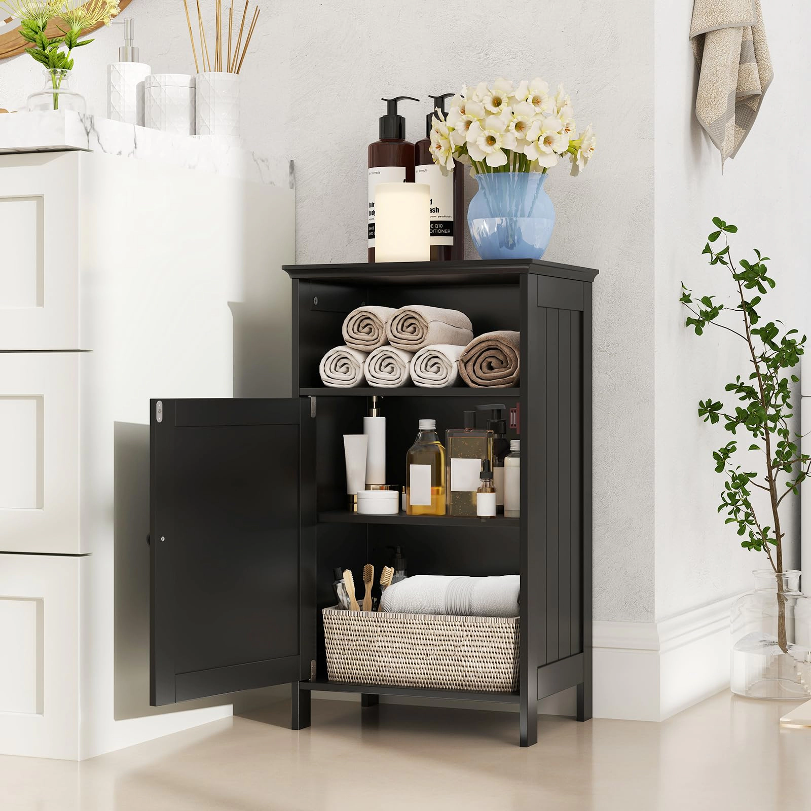 Glintex Bathroom Floor Cabinet with Open Cube and Adjustable Interior Shelf