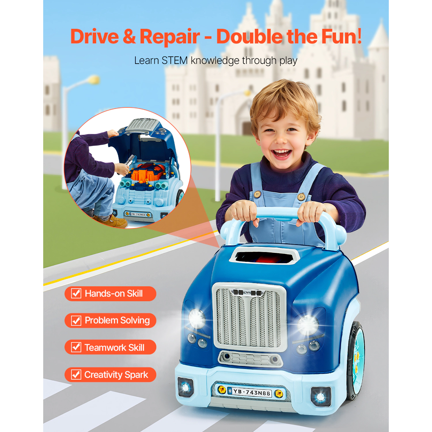 HONGGE Engine Toy 60 Pieces Kids Mechanic Car Repair Set with Removable Parts Lights and Sounds Steering Wheel Horn